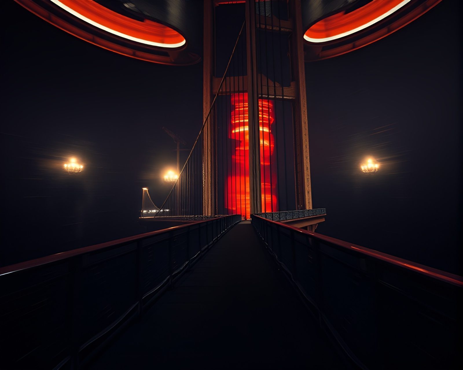 Gloomy suspension bridge draped in cinematic shadows and light