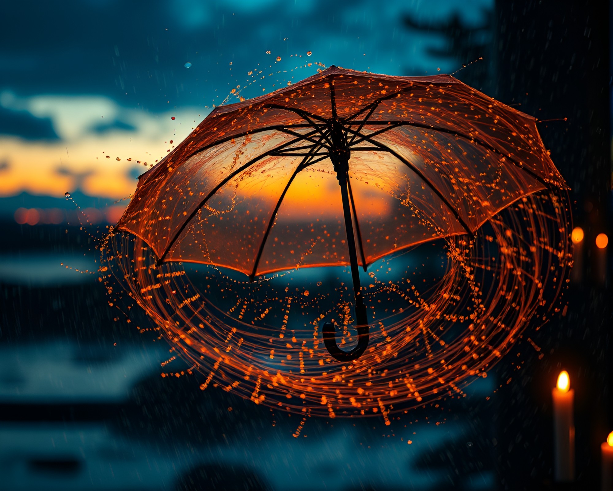 Enchanting Umbrella Dance in Golden Candlelit Vortex – free AI stock image