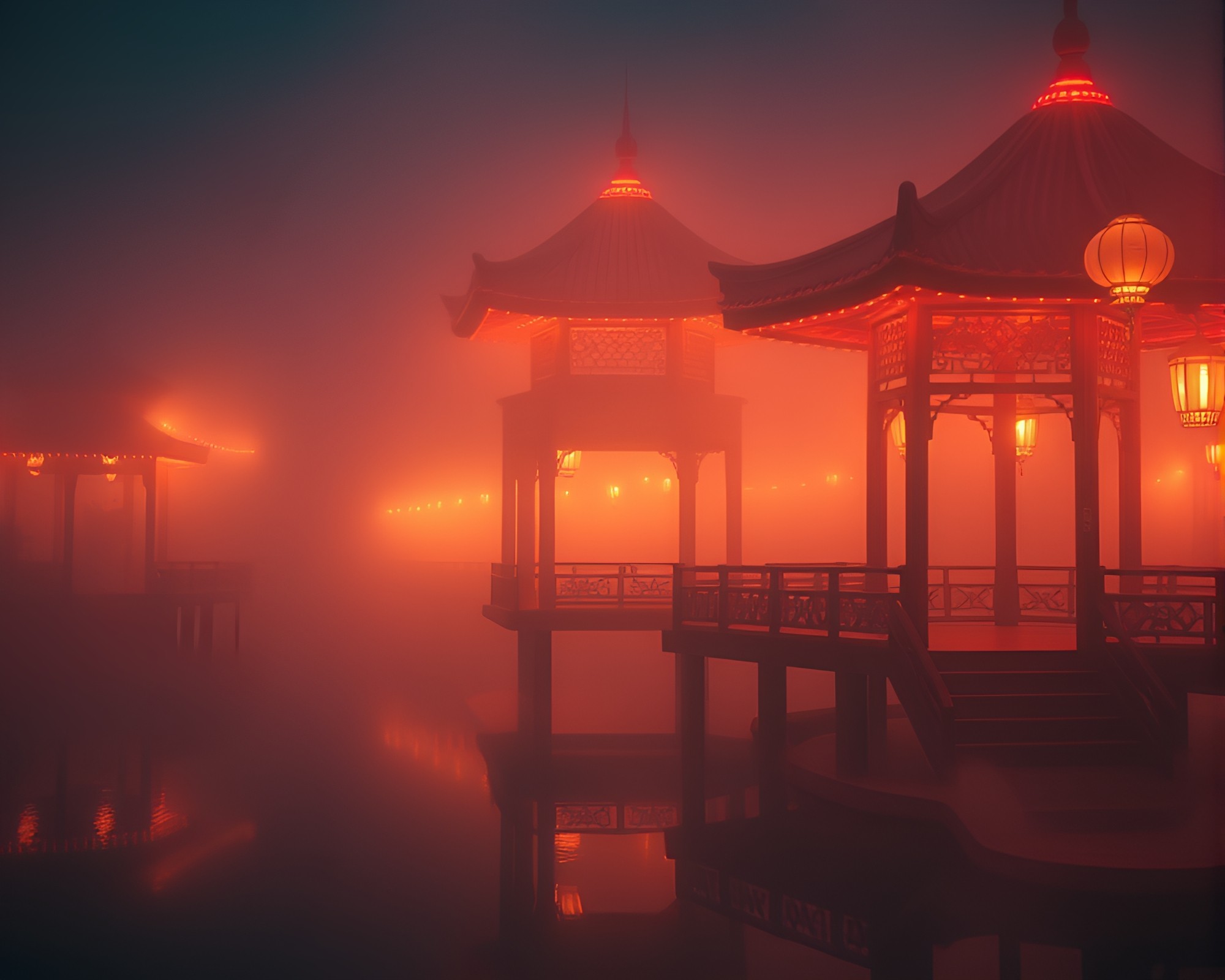 Foggy Thermal Imaging of Floating Pavilion – free AI stock image