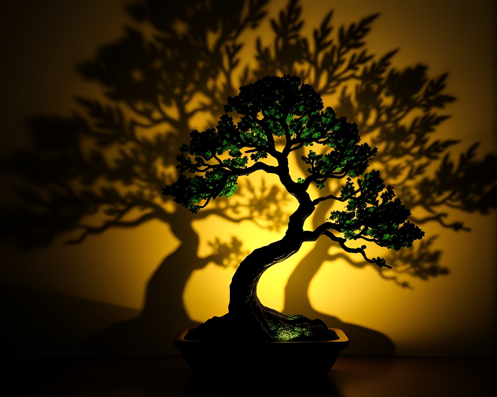 Bonsai Tree Shadow Play Tri-Tone Lighting – free AI stock image