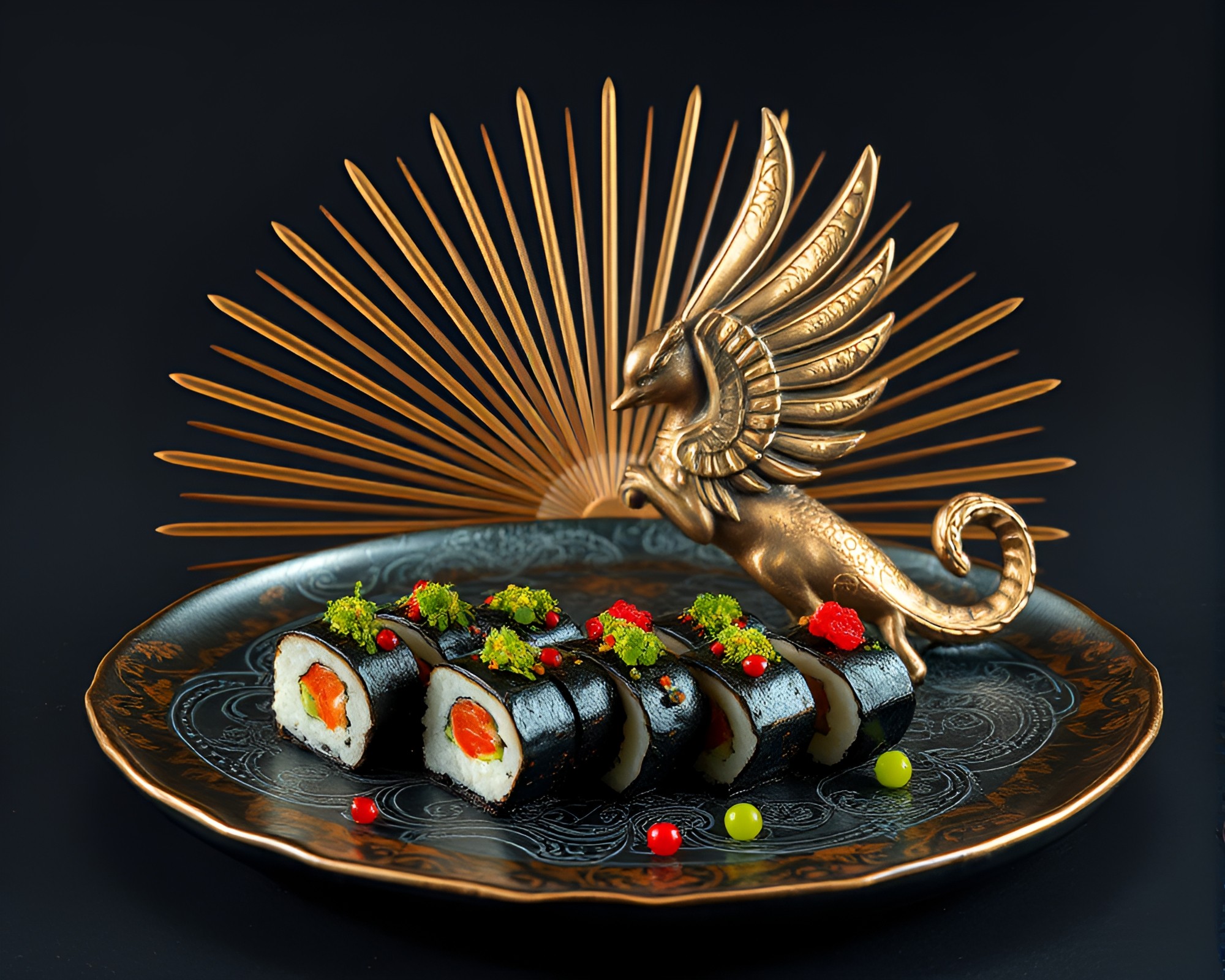 Bronze Patina Sushi Platter in God Rays – free AI stock image