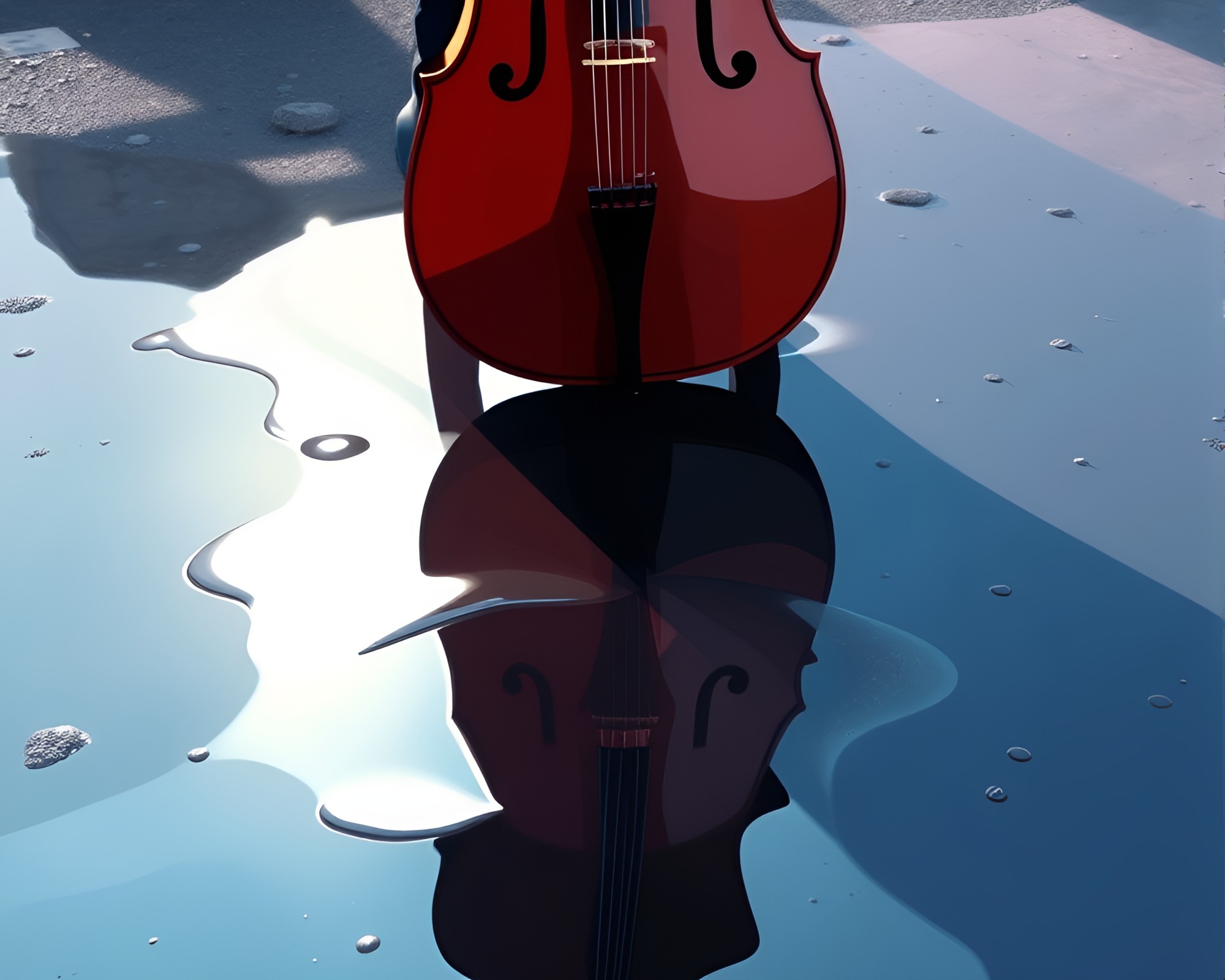 Cello Serenity Enhanced by Puddle Reflections – free AI stock image