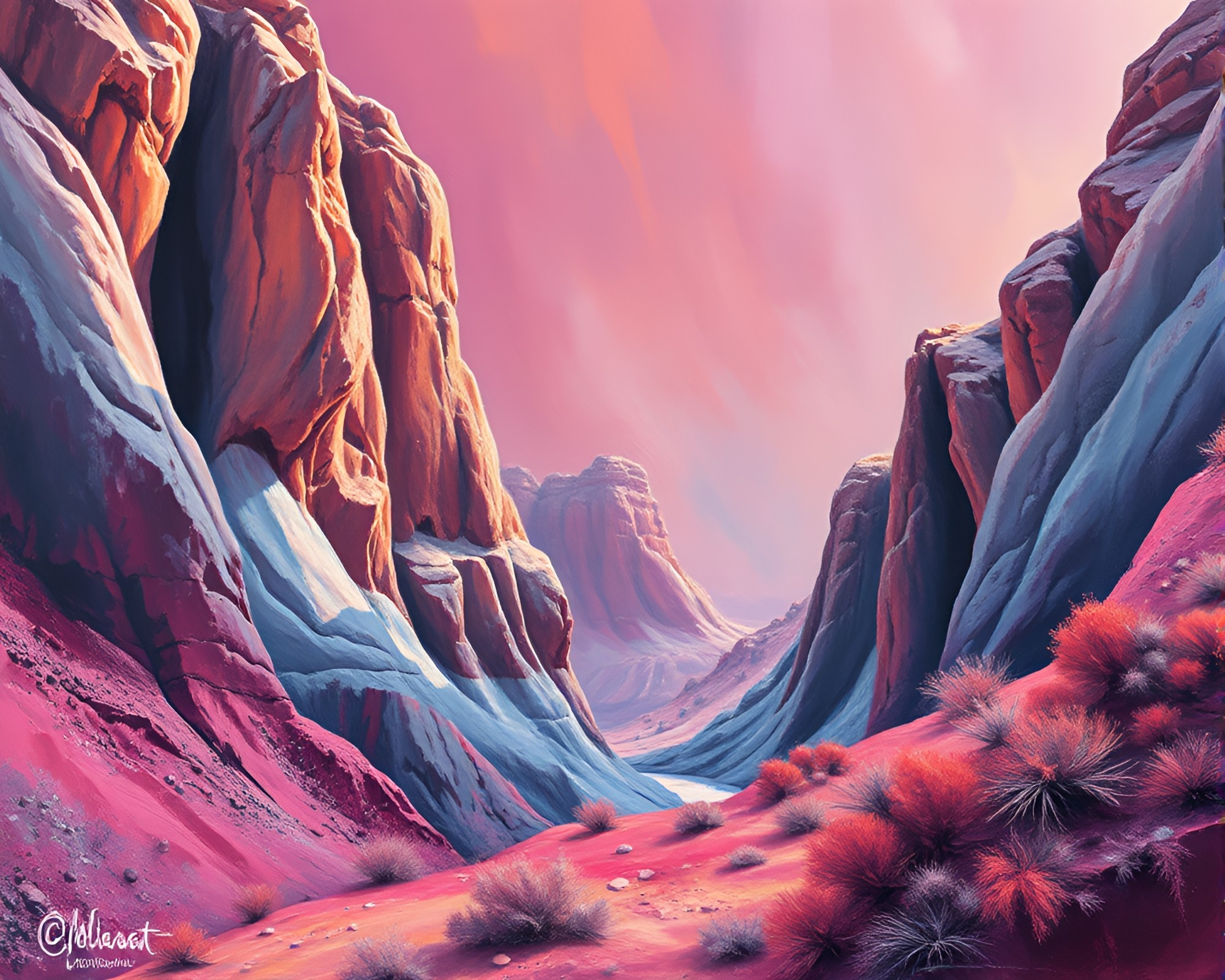 Eroded Canyon with Feather Dusting in Retro Acrylic Painting – free AI stock image