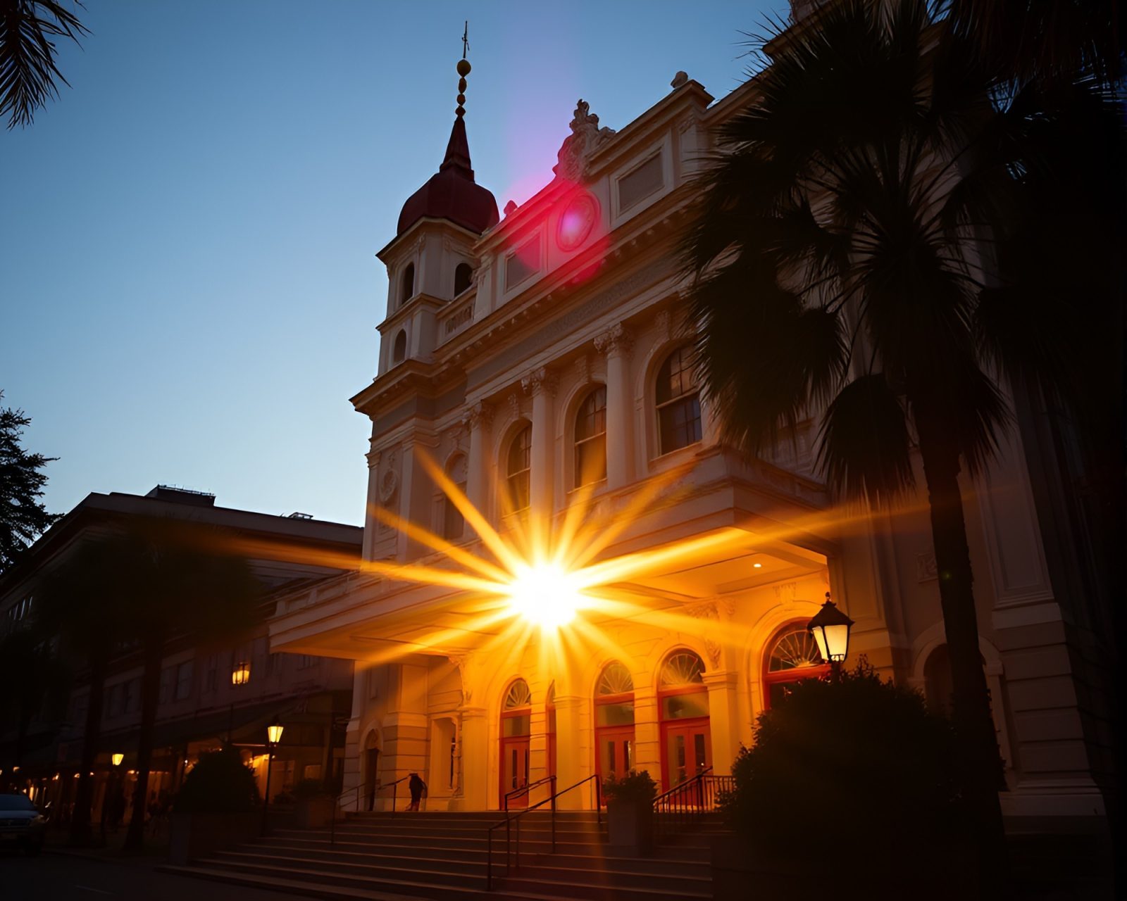 Vignette of sun glares over savannah with theatrical lighting