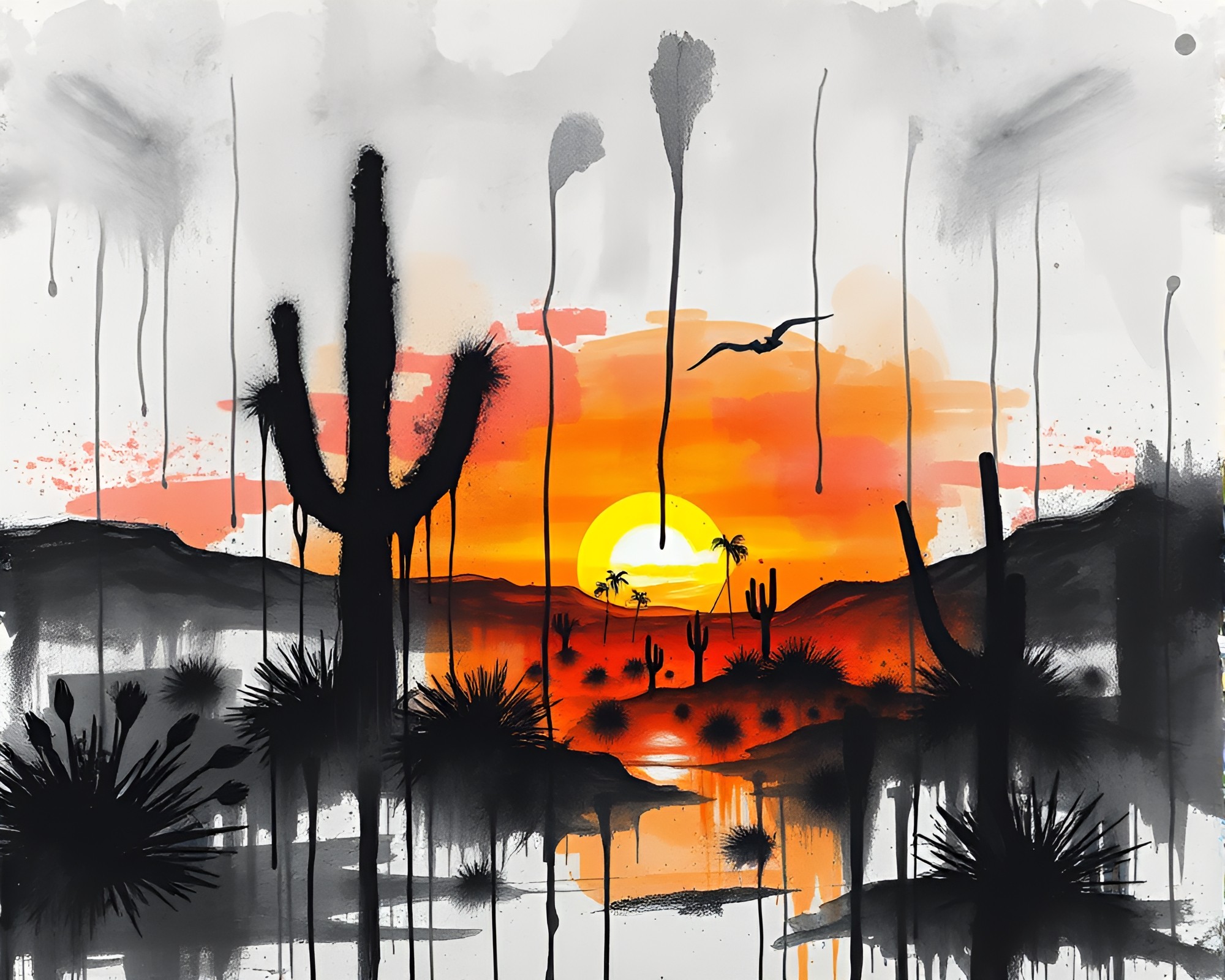 Graffiti Drips Desert Sunset Sketch – free AI stock image