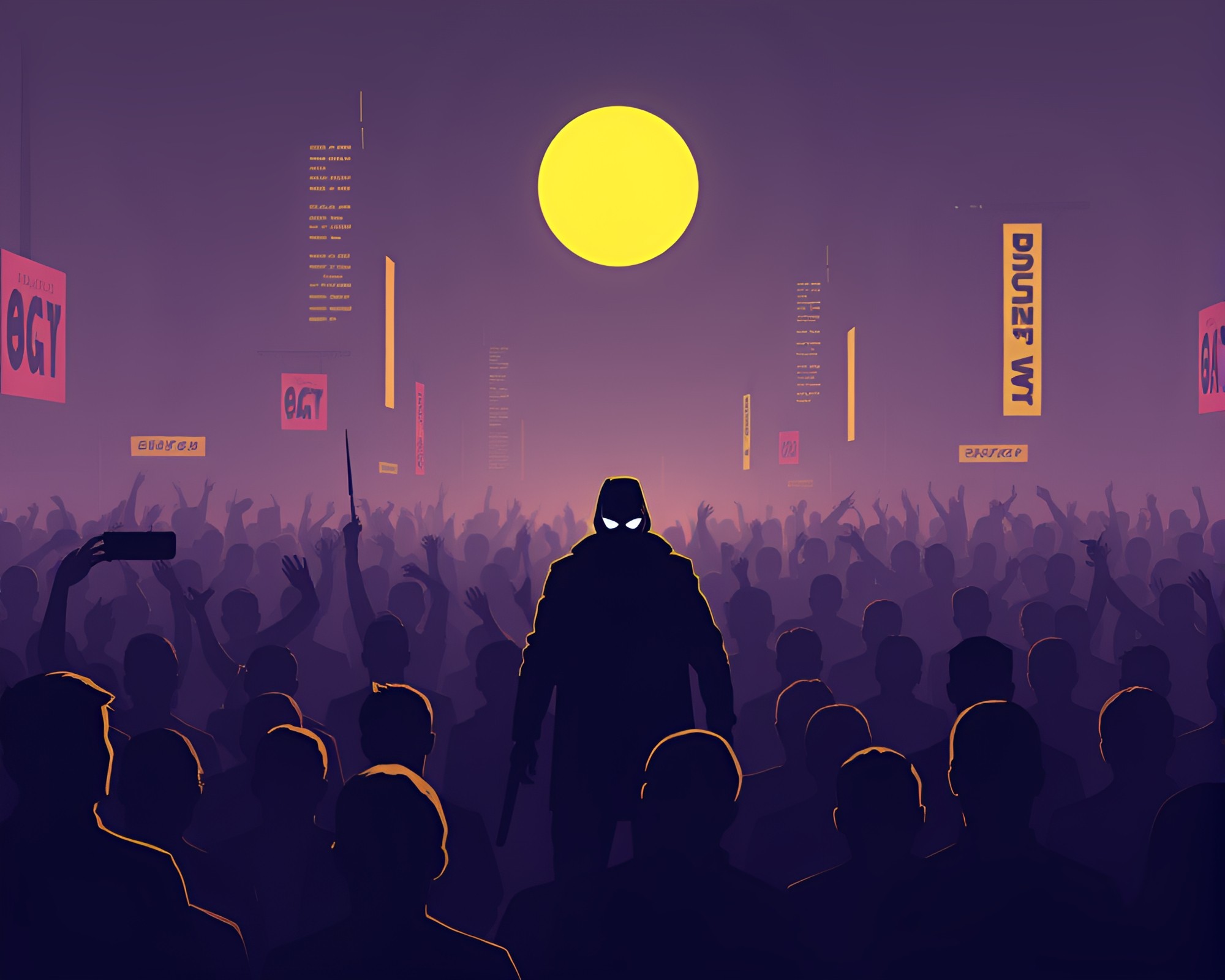 Cyberpunk Vigilante Amidst Crowded Silhouettes – free AI stock image