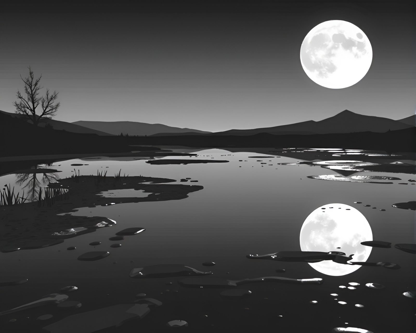 Voxel art of lunar grayscale jetpack reflected in puddle