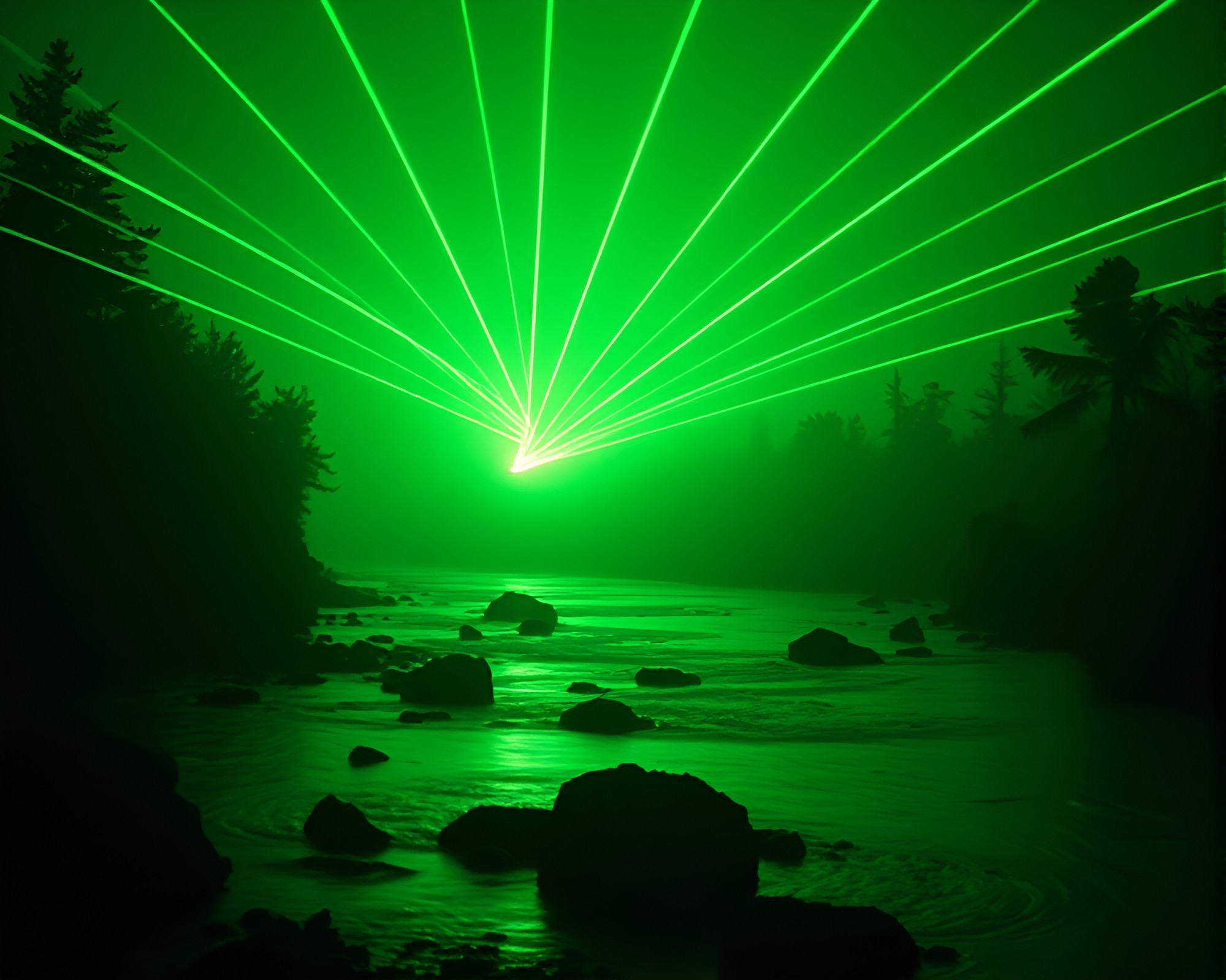 Savage River Illuminated by Monochrome Green Laser Beams – free AI stock image
