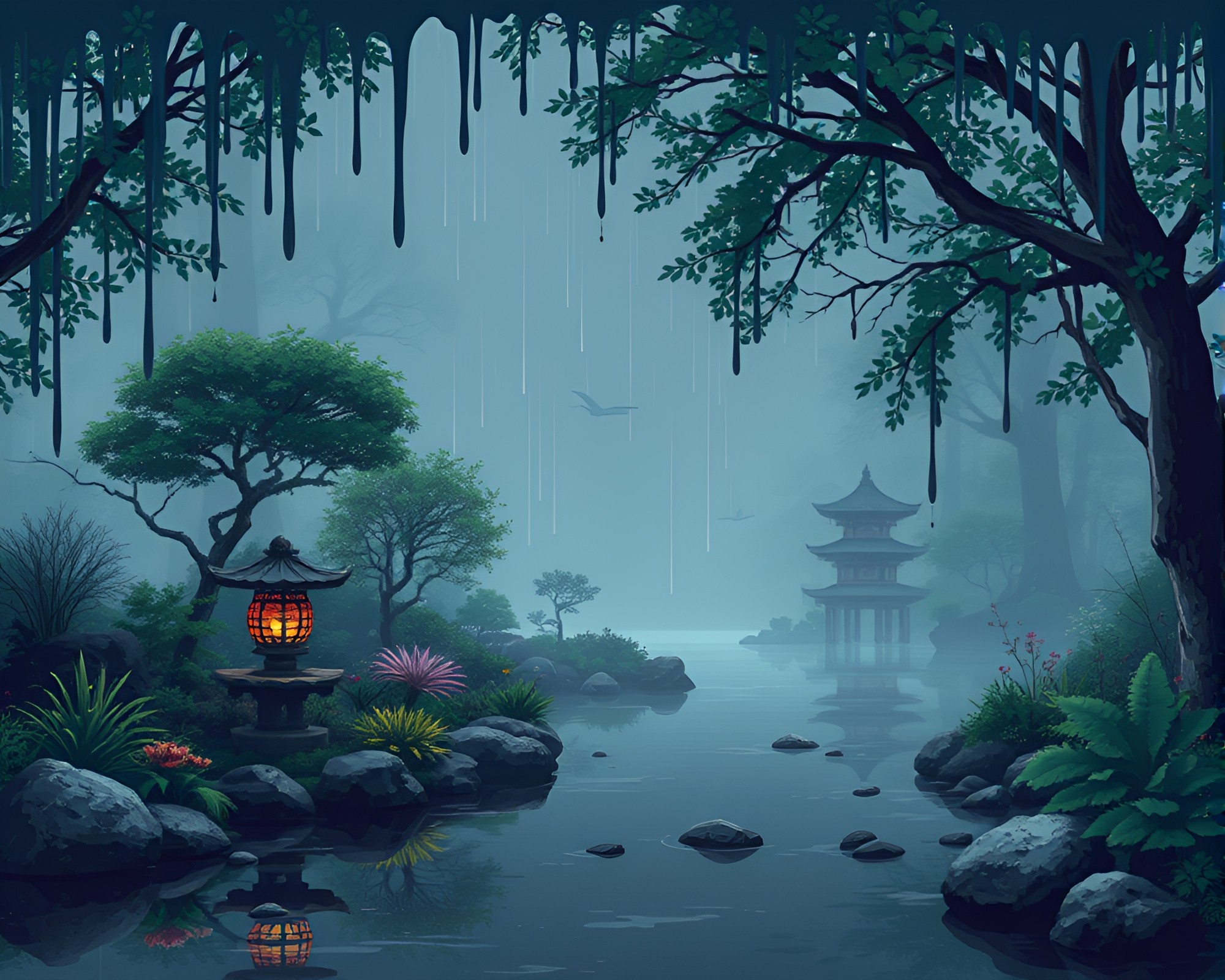 Pixel Zen: Misty Garden with Paint Drips – free AI stock image