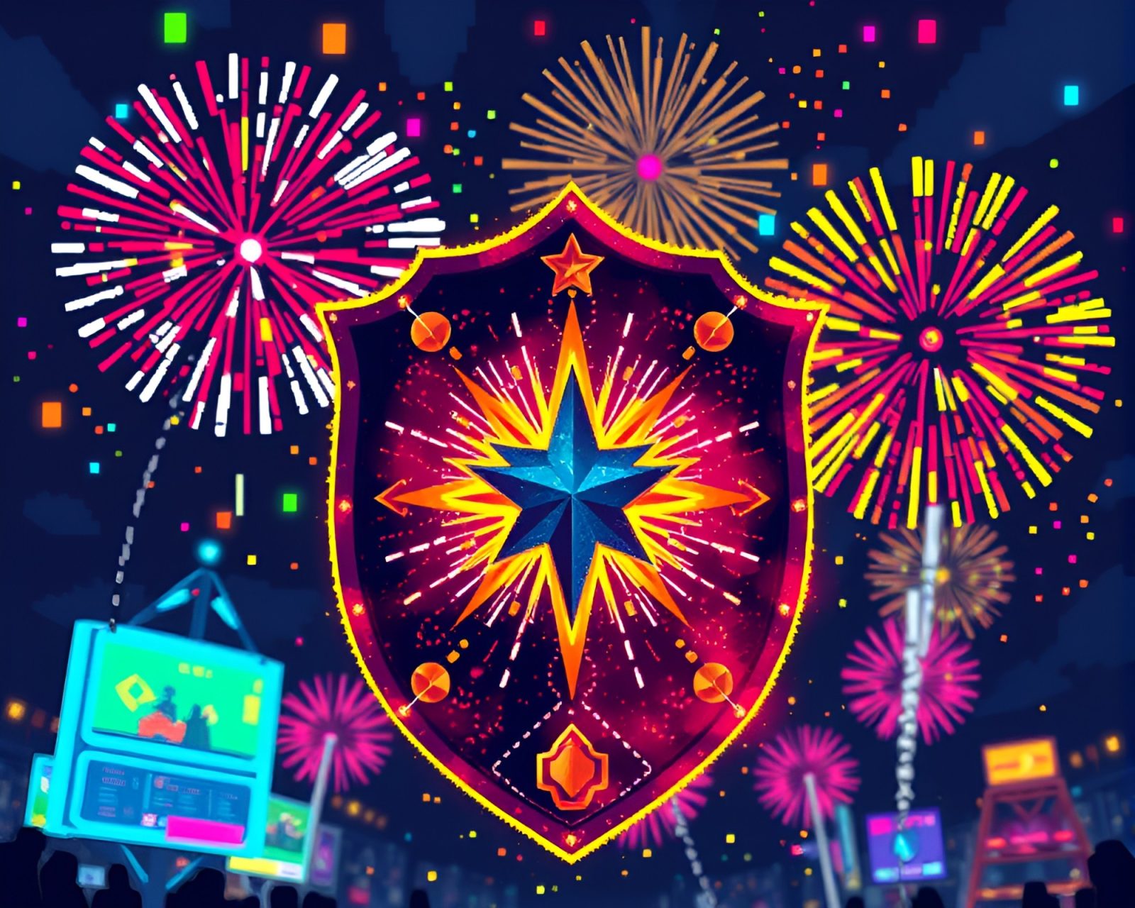 Vibrant pixel art shield glowing at festive street display