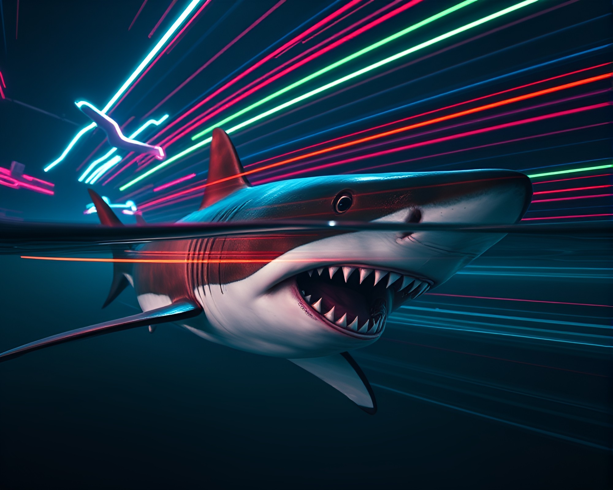 Glowing Shark Light Trails in Cyberpunk City – free AI stock image
