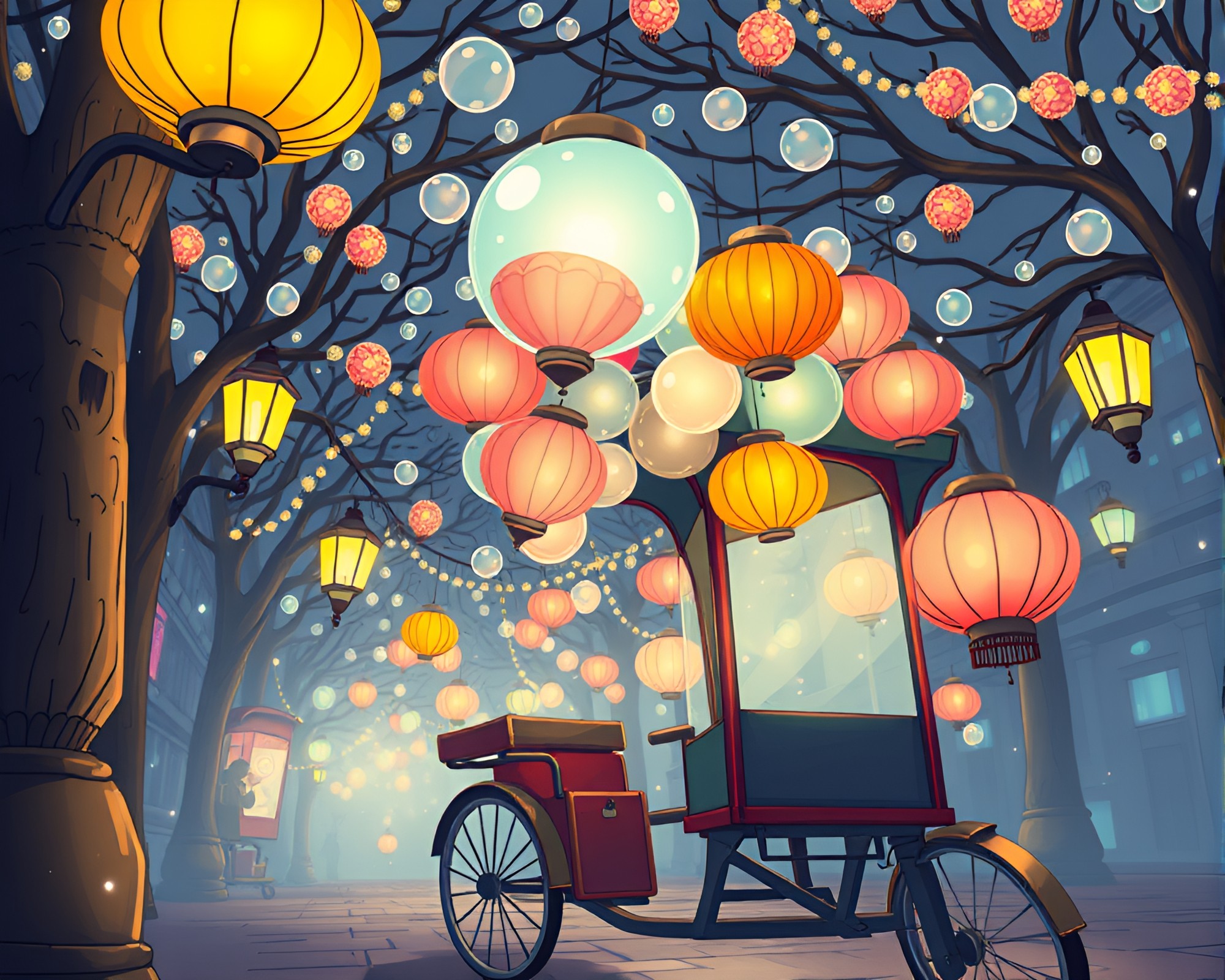 Cartoon Rickshaw in Library Lamp Light Bubble Cluster – free AI stock image