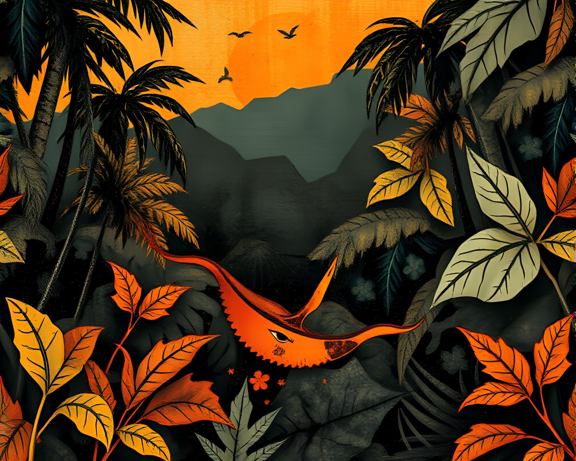 Jungle Volcanic Stitched Collage Pattern – free AI stock image