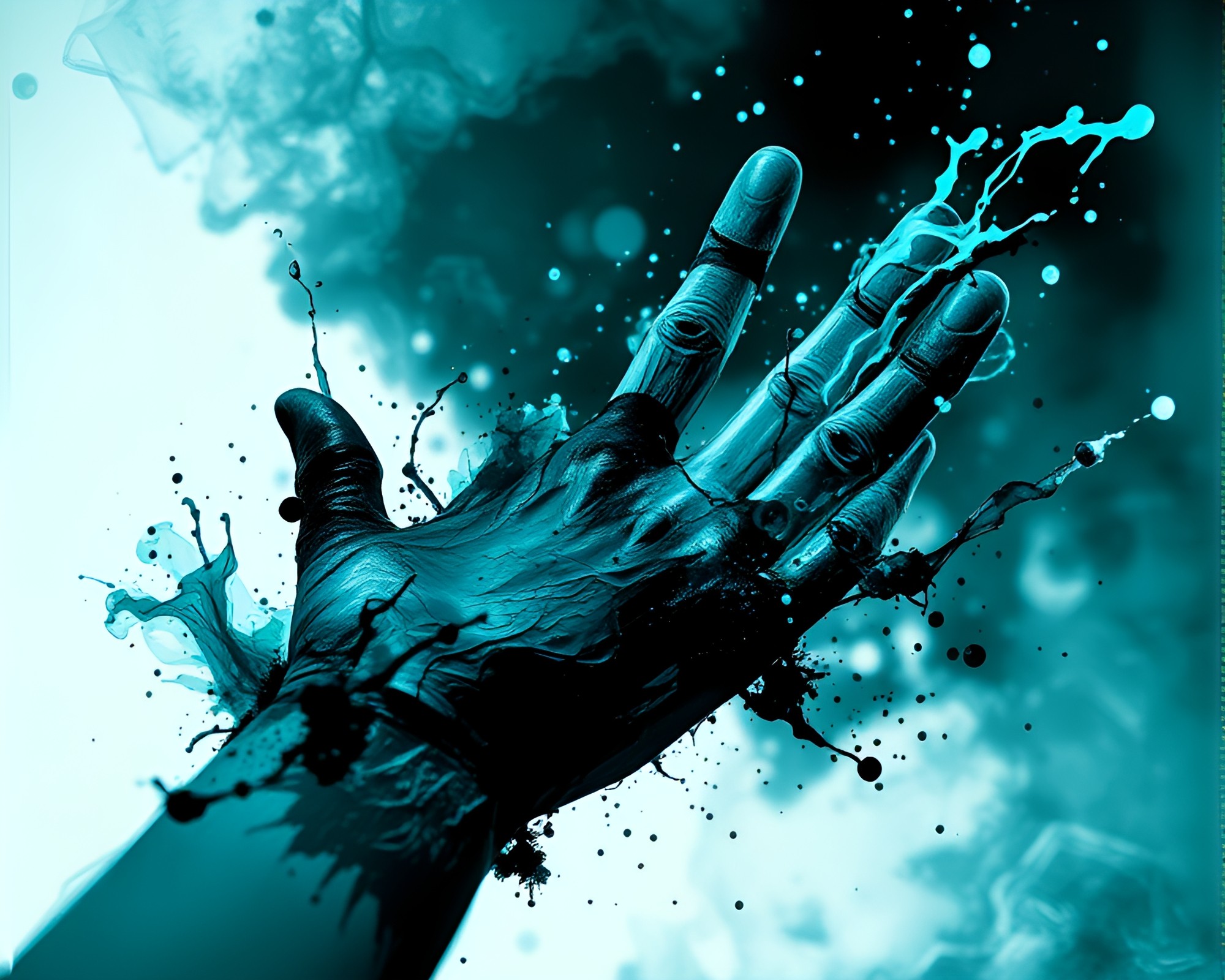 Cybernetic Hand in Teal Ink Splashes Noir Composition – free AI stock image