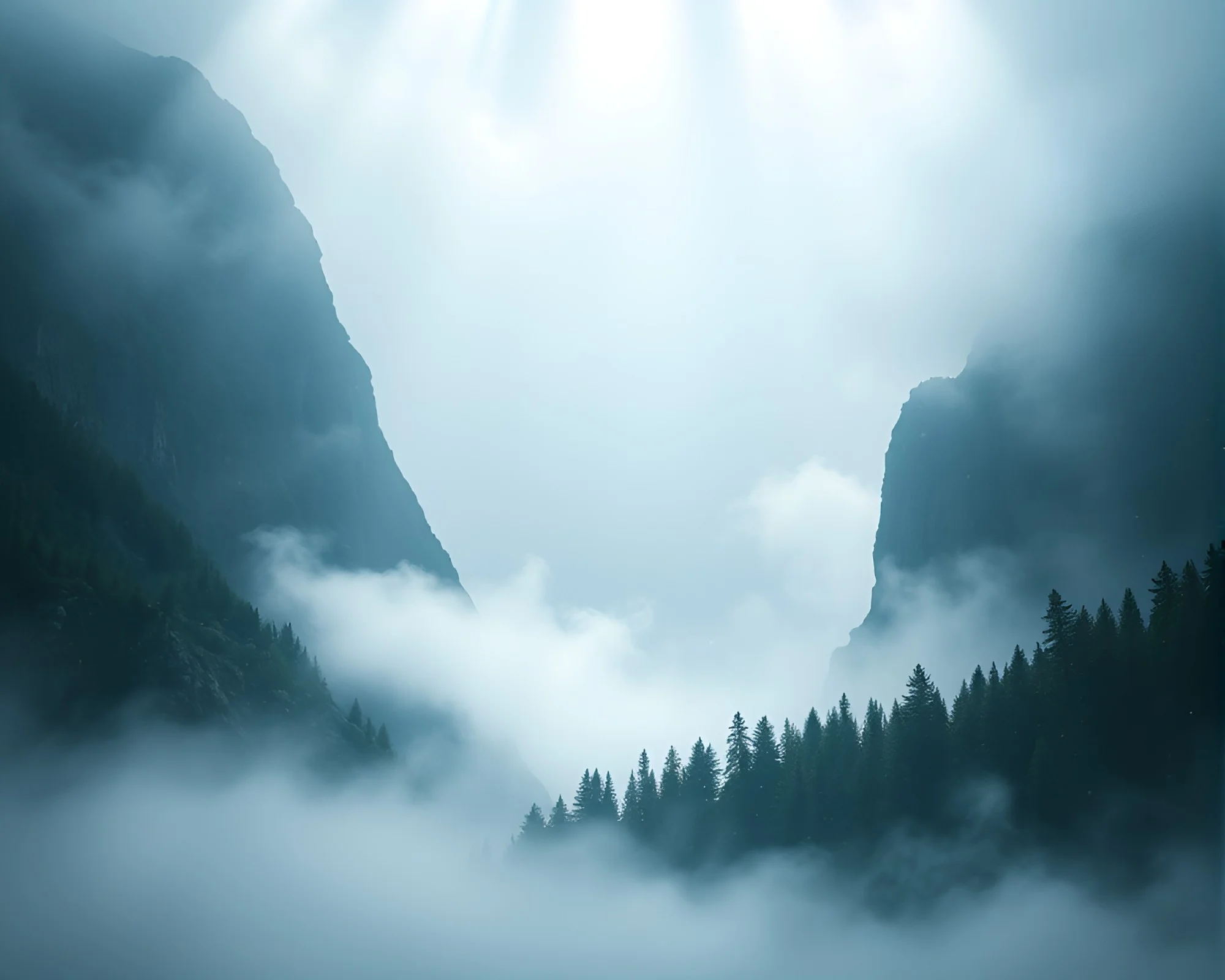 Mist-shrouded Mountain with Floating Particles Spotlighted