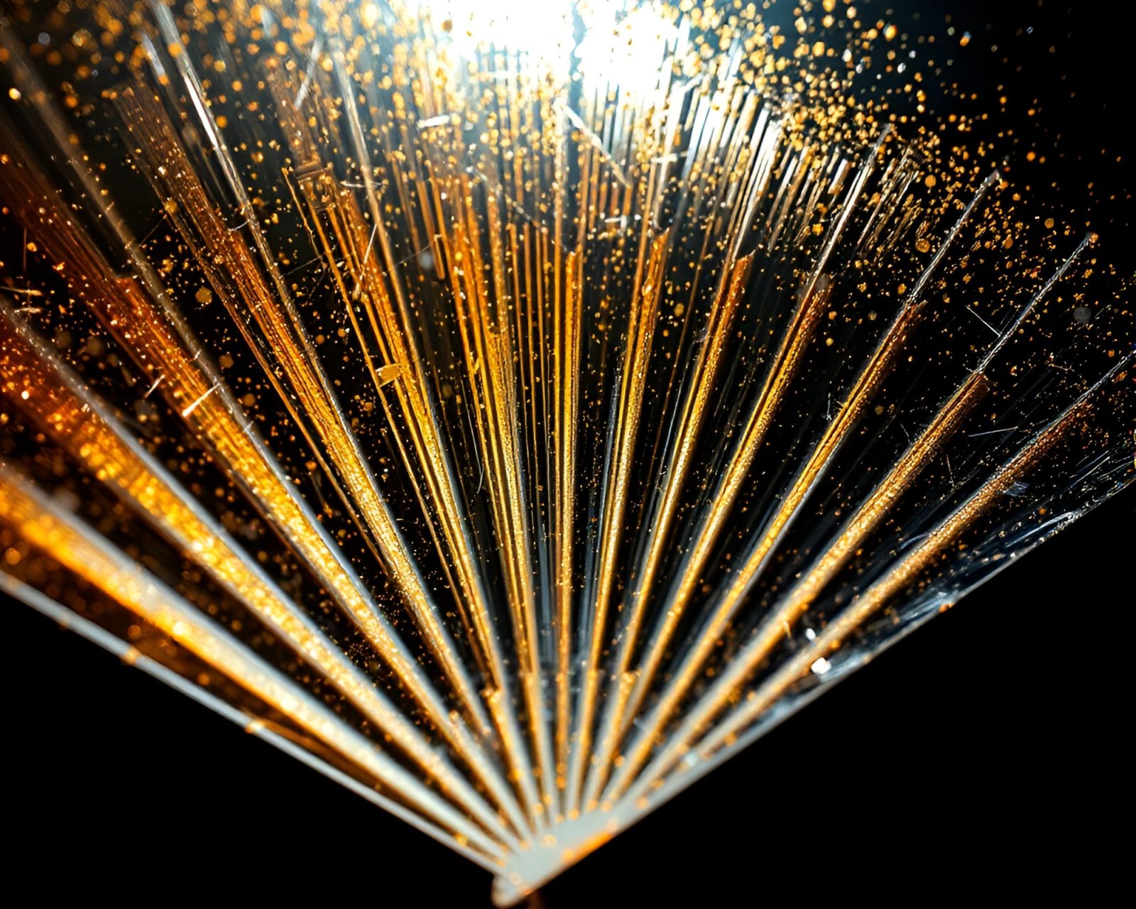 An intricate hand-painted fan with metallic scratches and dust motes