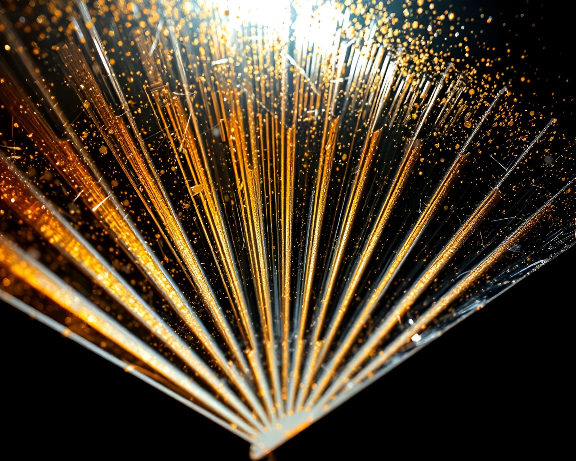 Gleaming Hand-Painted Fan: Metallic Contours and Dust Motes – free AI stock image