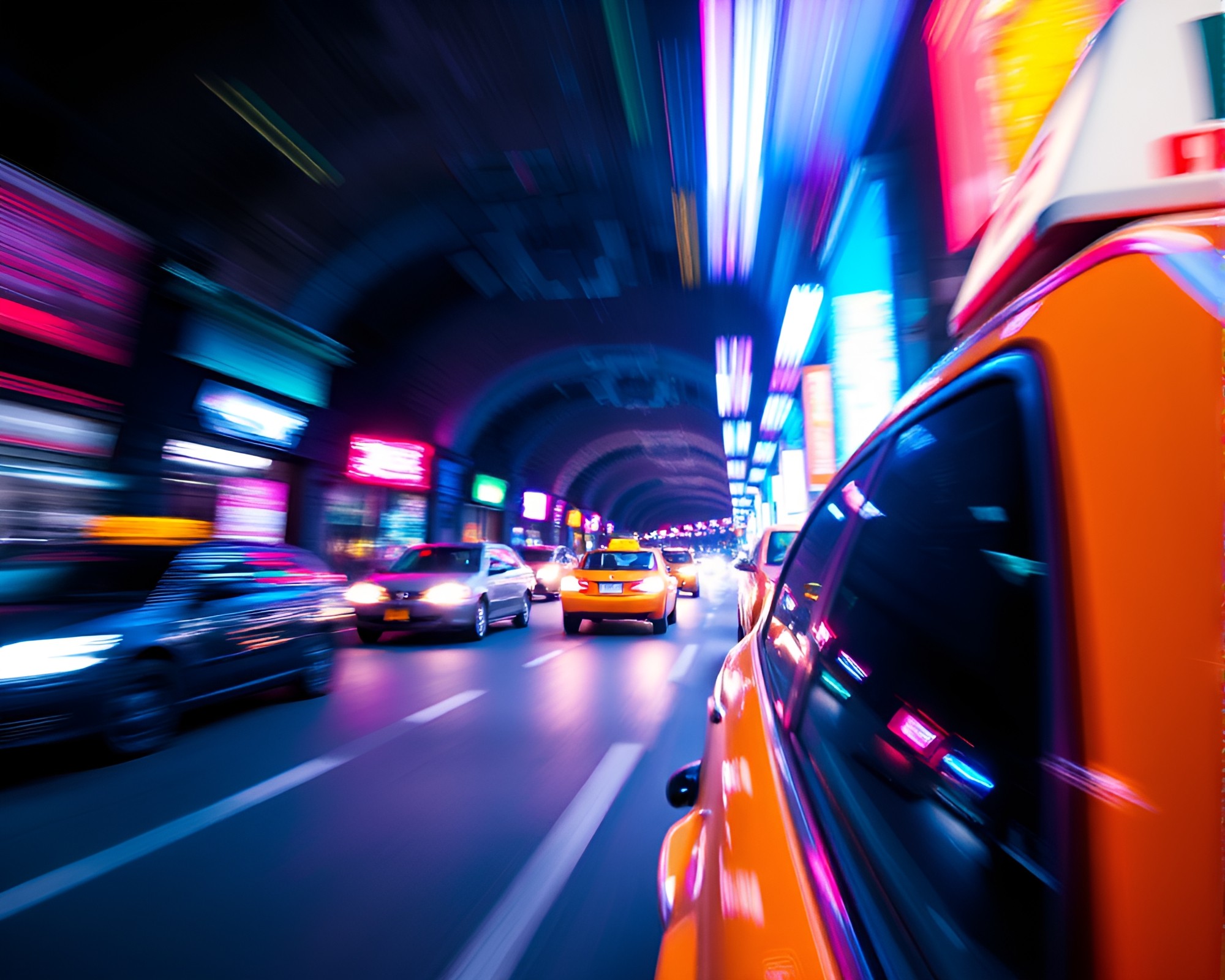 Neon Taxi Streaking Through Vibrant Cavern – free AI stock image