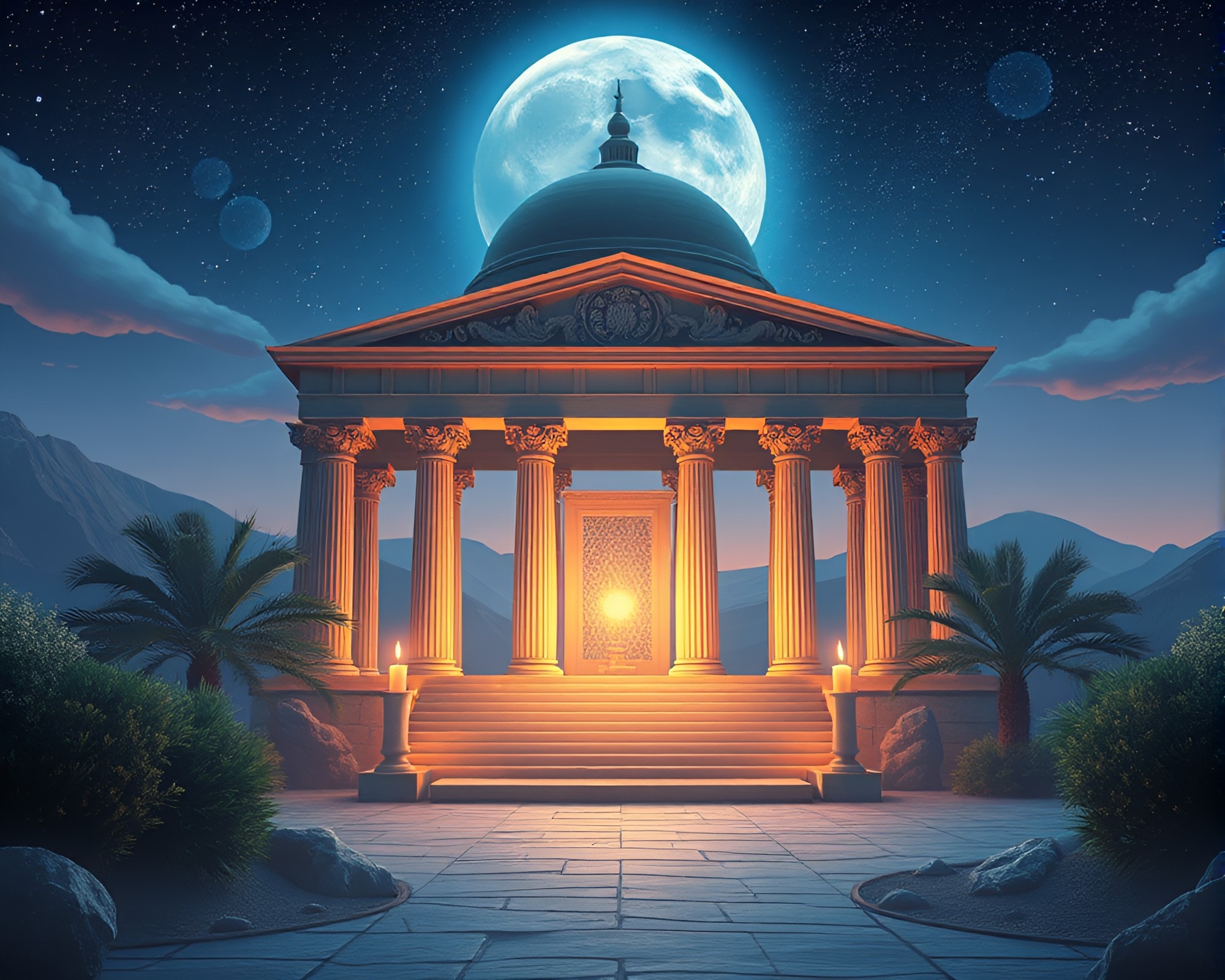 Candlelit Temple of Planetary Pastel Serenity – free AI stock image
