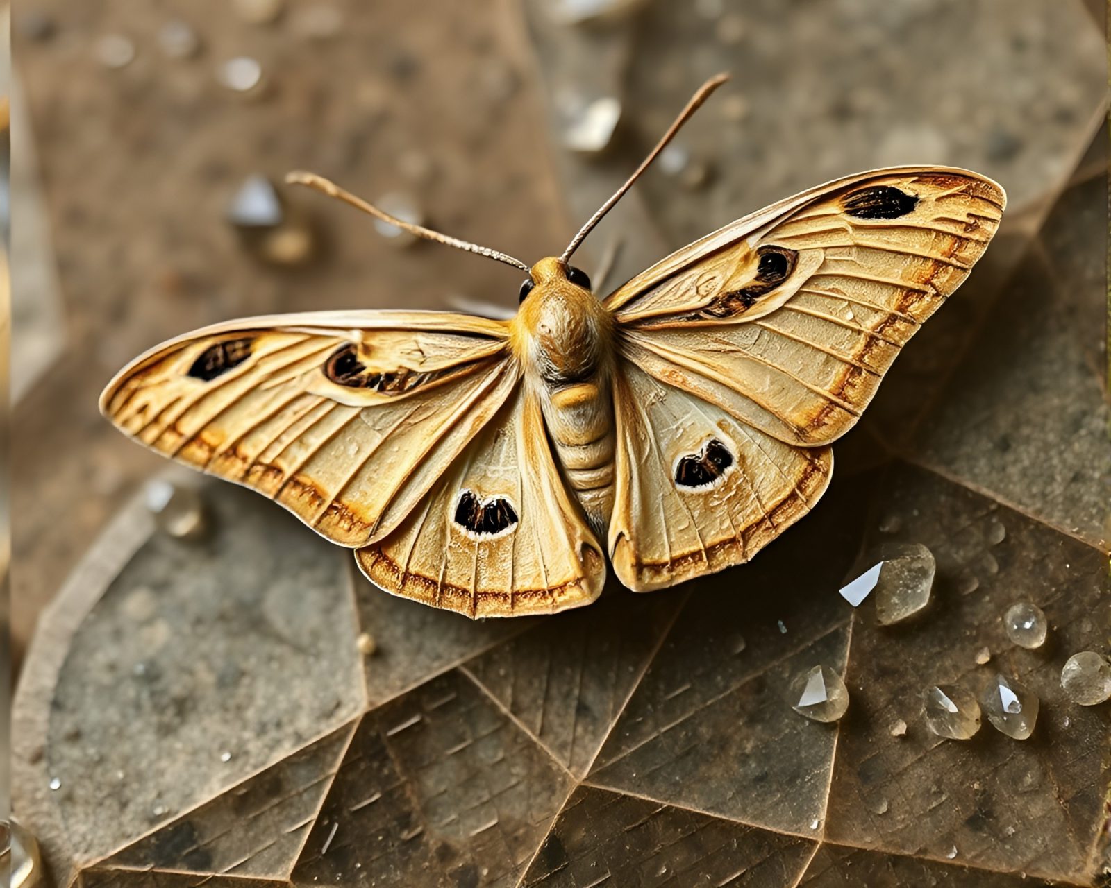 Abstract artwork of a moth surrounded by water droplets