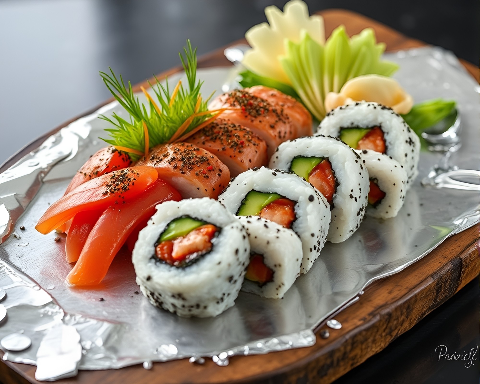 16-Bit Sushi Platter with Silver Leaf Accents – free AI stock image