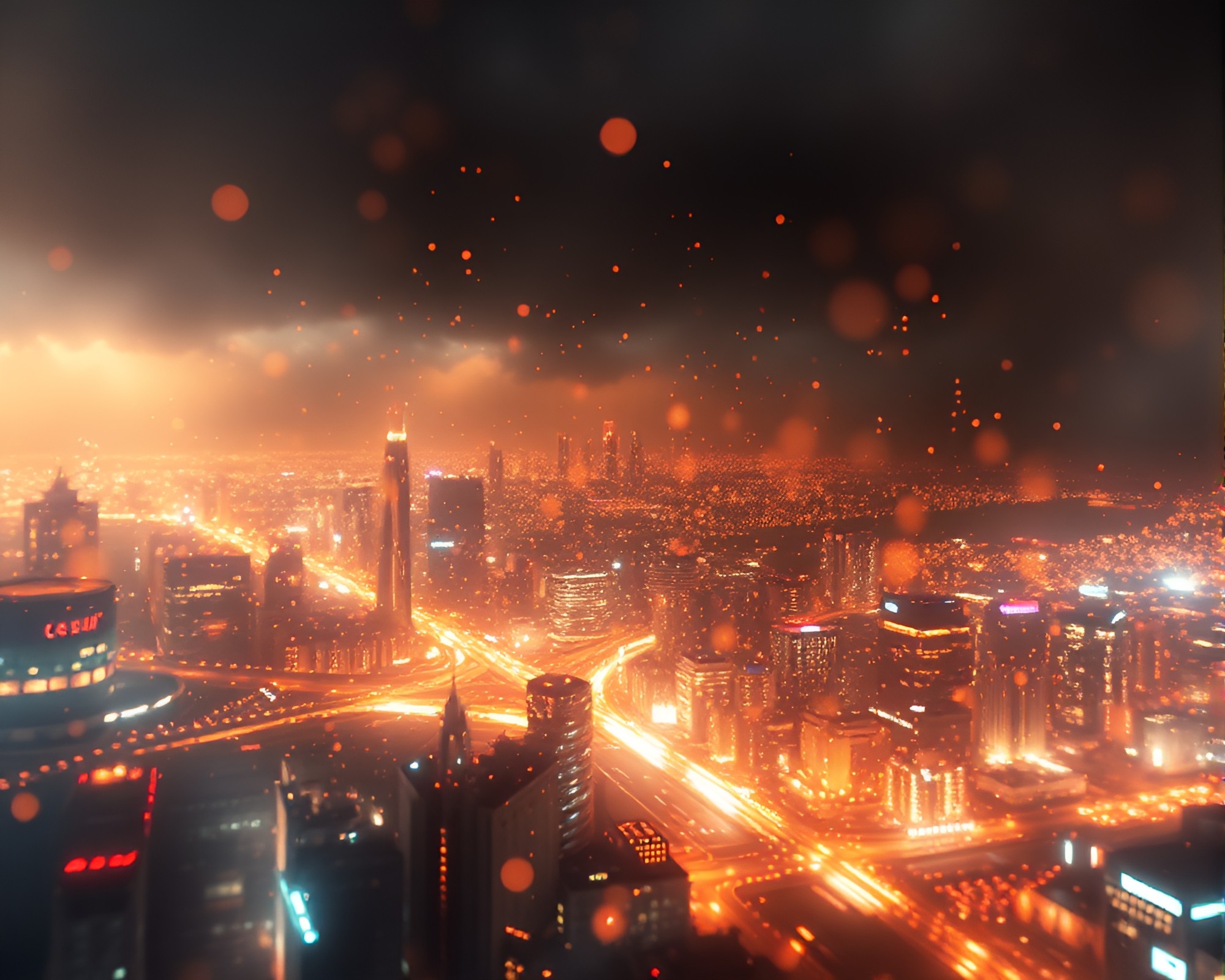 Fractal Virtual City with Floating Particles – free AI stock image