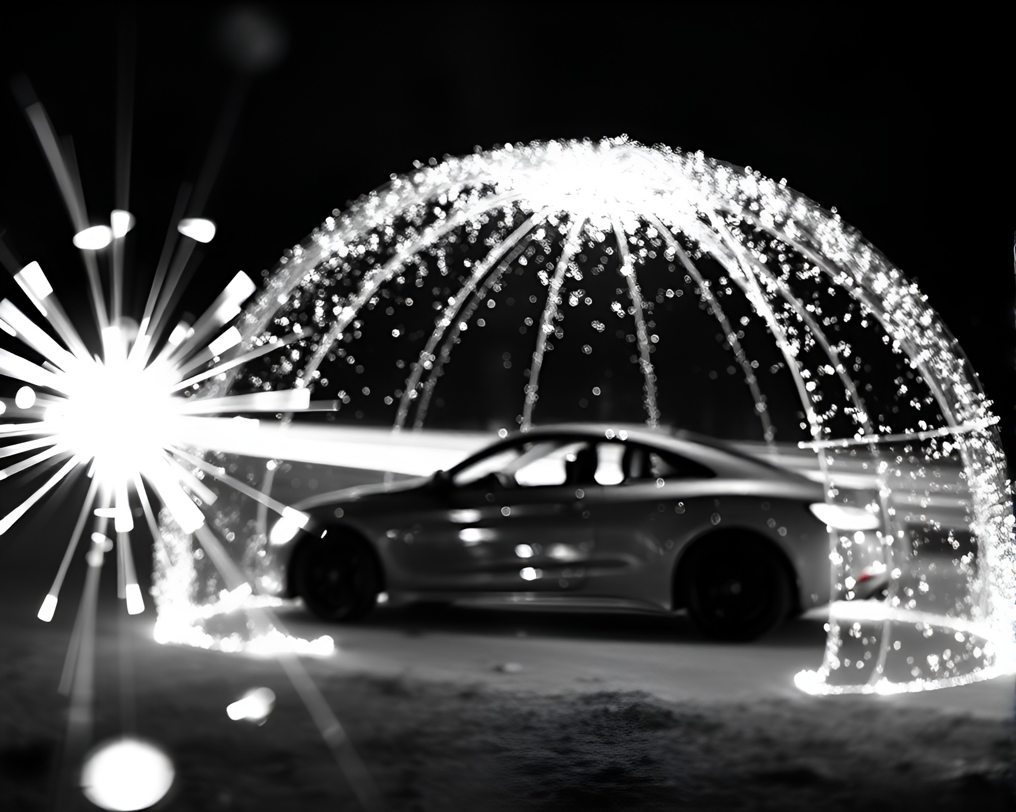 Glowing Glass Igloo in Monochrome Car Light Trails – free AI stock image