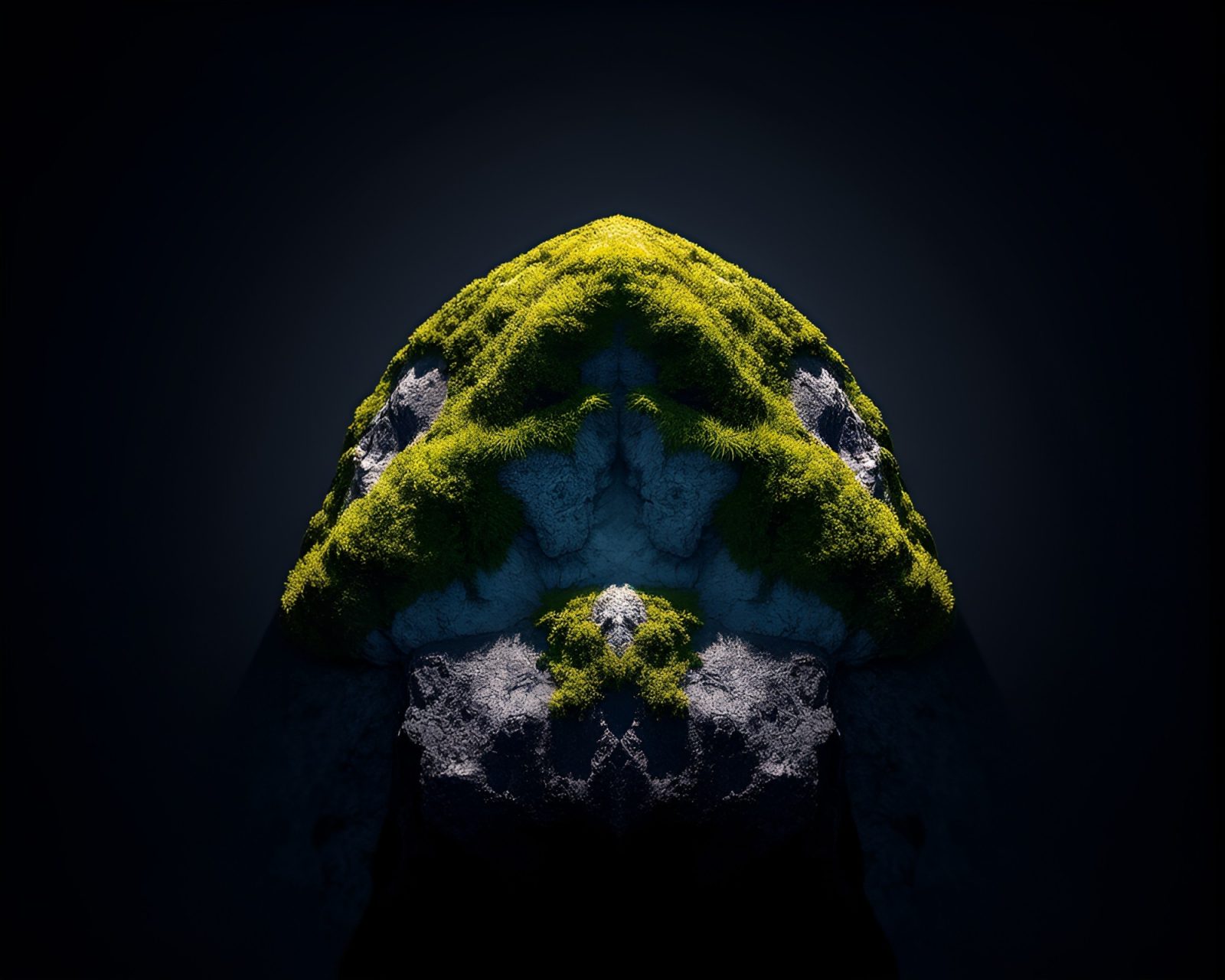Technical illustration of mossy rock under eclipse shadow