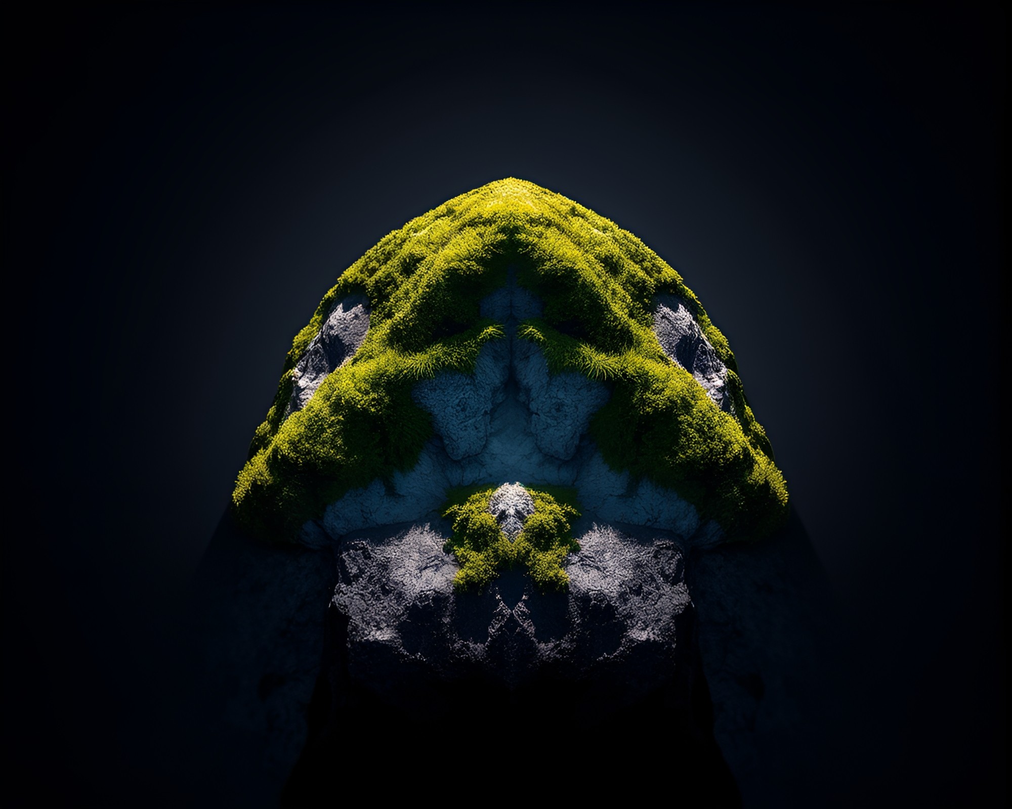 Eclipse Shadow on Moss-Covered Symmetrical Rock Formation – free AI stock image