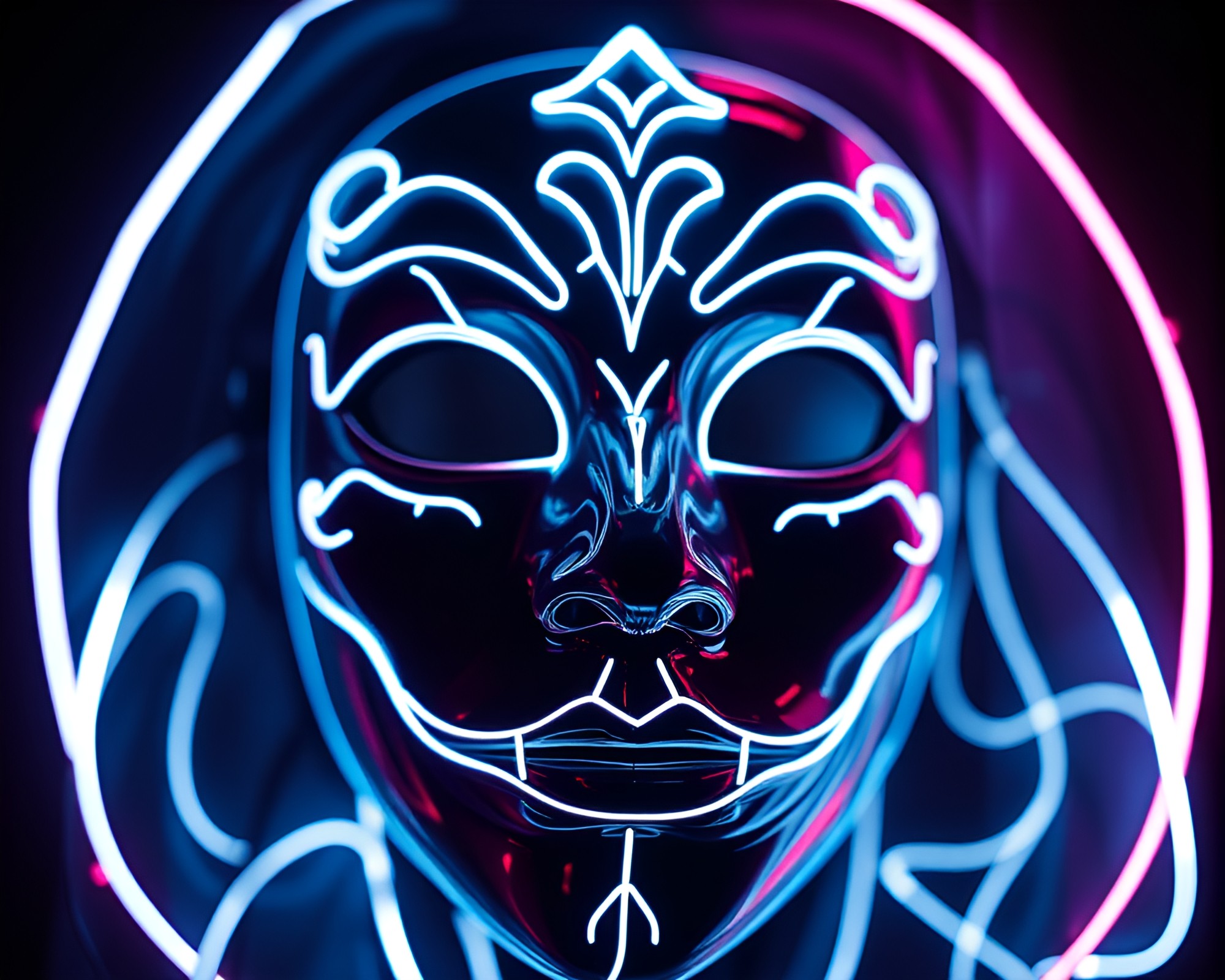 Neon Wireframe Venetian Mask in Stipple Shading – free AI stock image