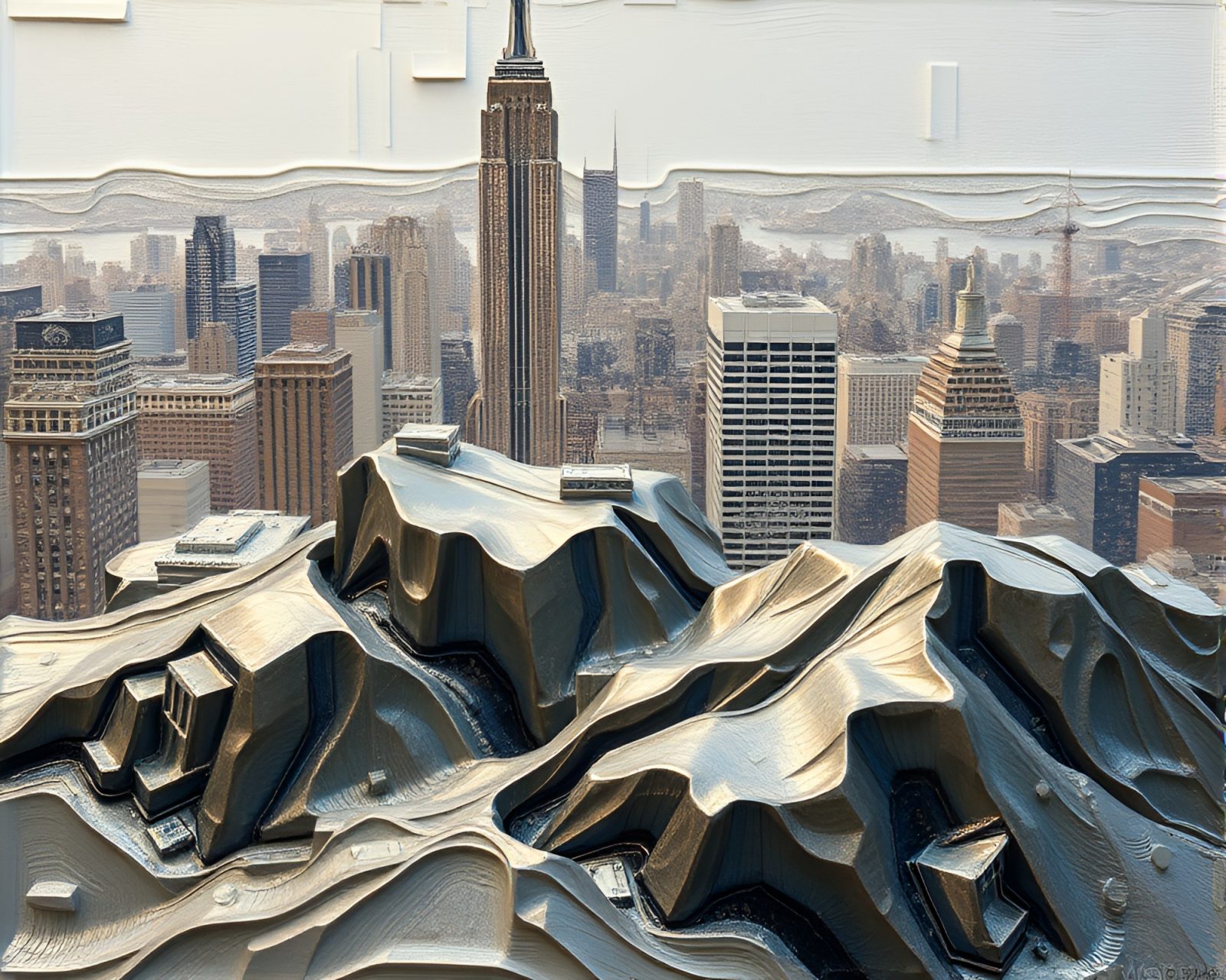 Impasto oil ridges create maximalist cityscape with metallic tones.