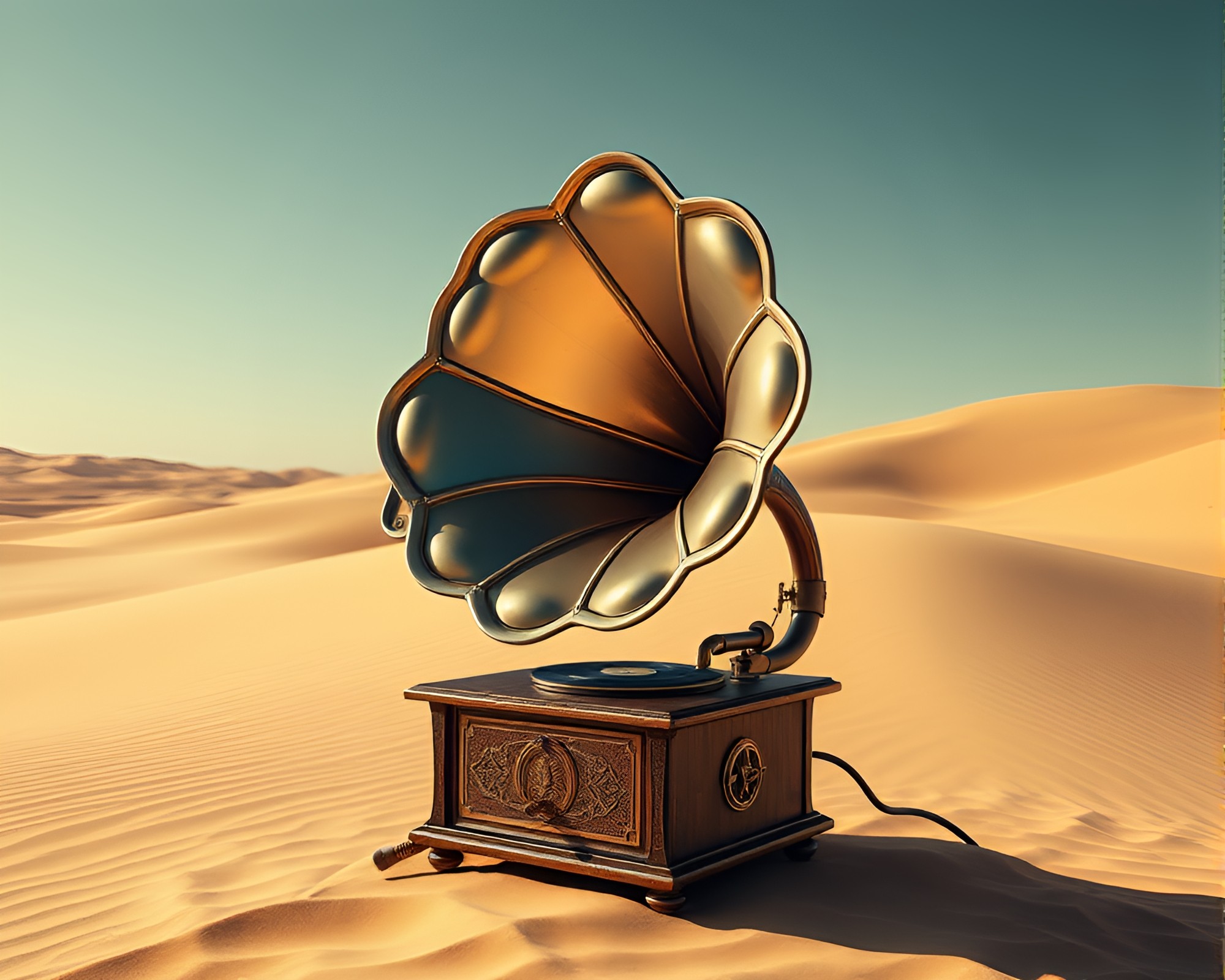 Steampunk Mirror Symmetry Gramophone in Desert Sands – free AI stock image