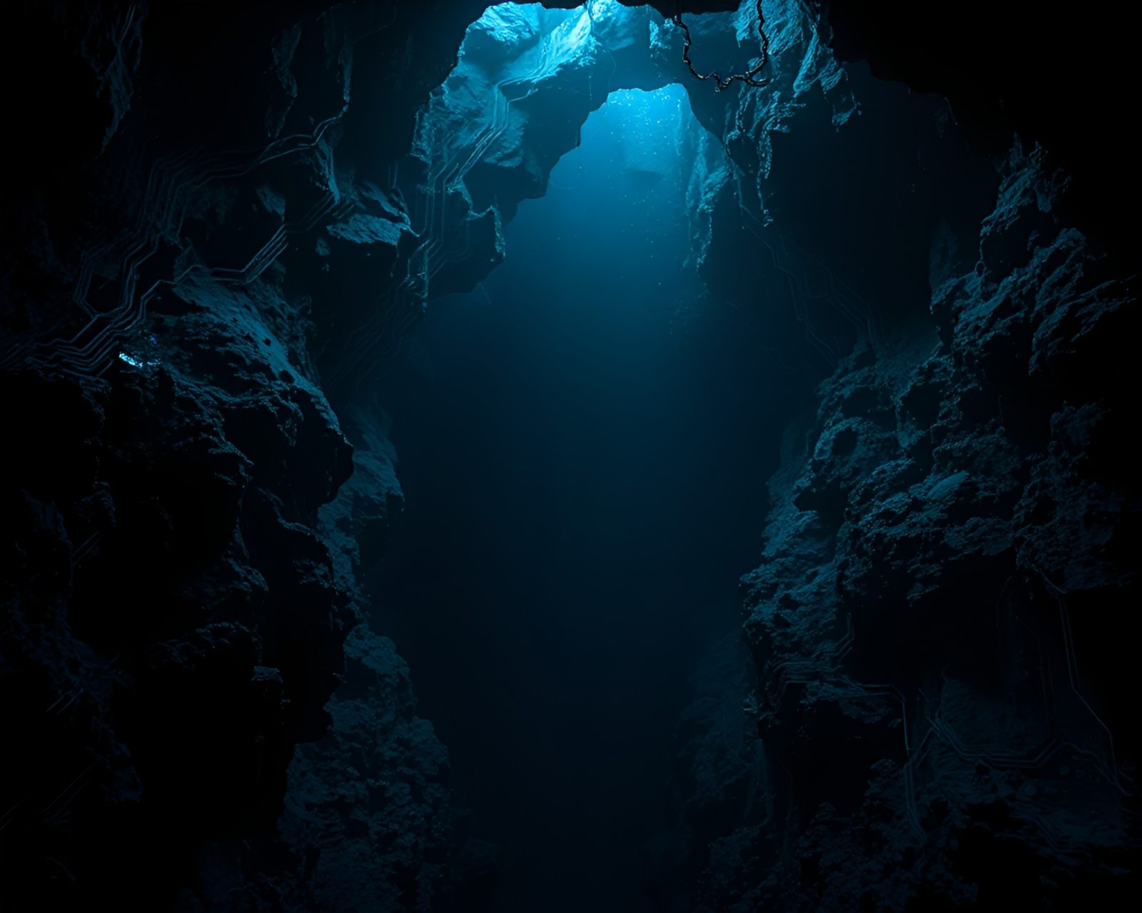 Dark cave entrance with glowing circuit board patterns underwater