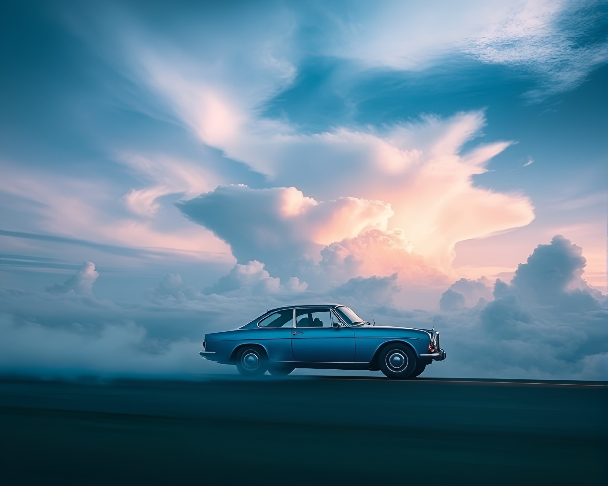 Arctic Blue Flying Car Among Duochrome Cloud Formations – free AI stock image