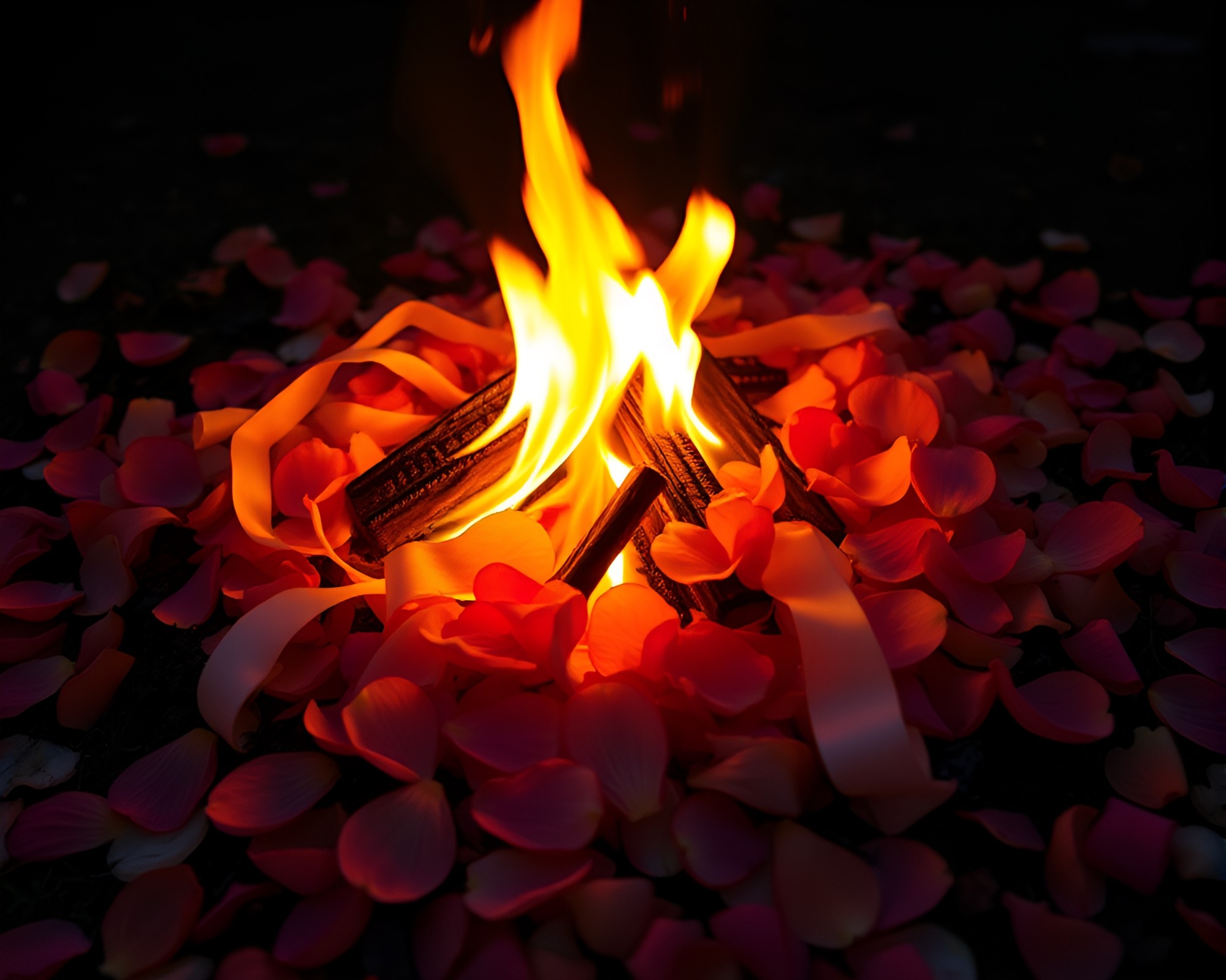 Satin ribbon intertwining flower petals in bonfire glow – free AI stock image