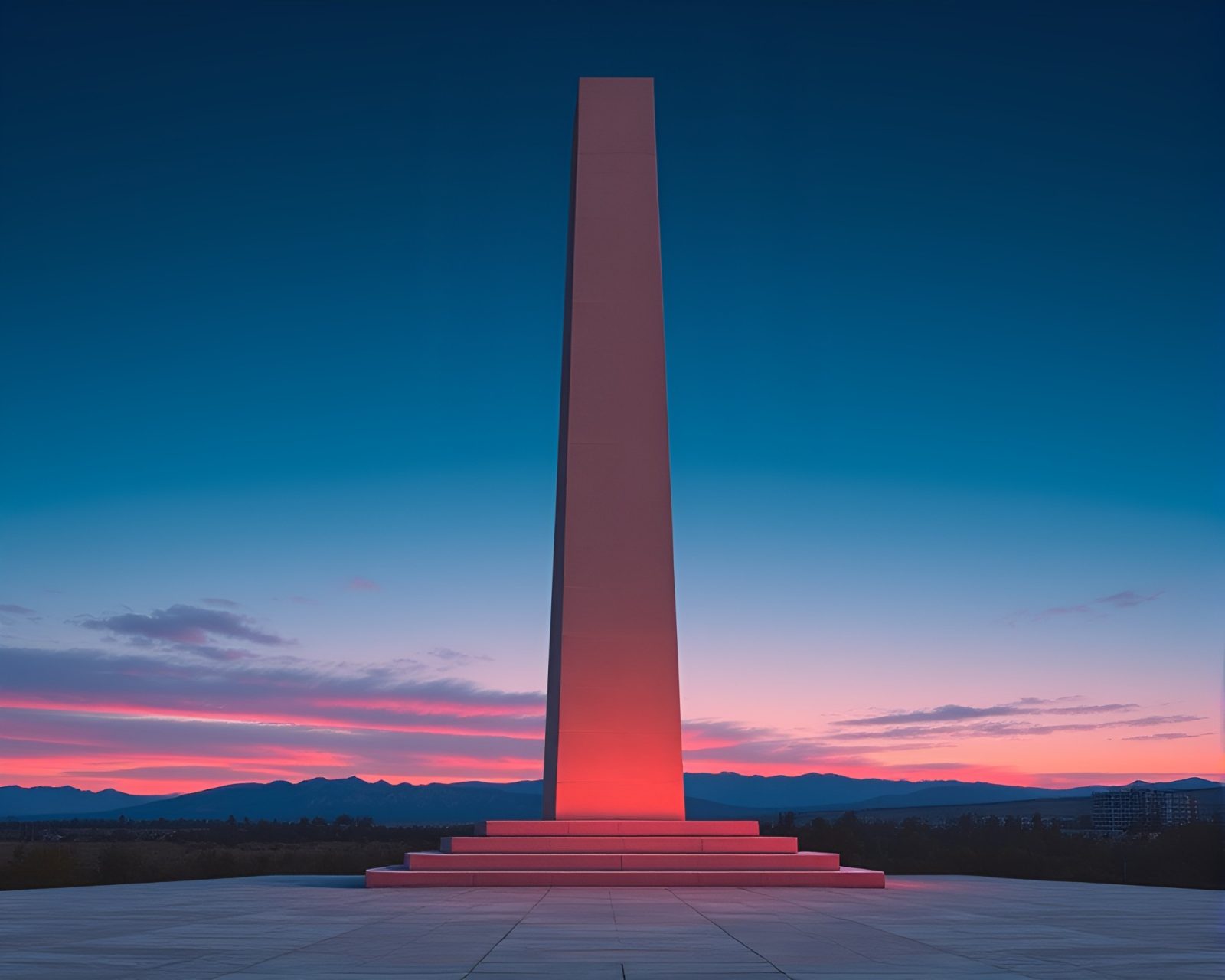 Fantastical pink sunrise glow illuminates asymmetric monolith sculpture scene