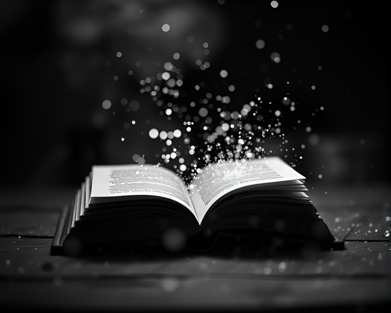 Magical book surrounded by ethereal particles in grayscale tones