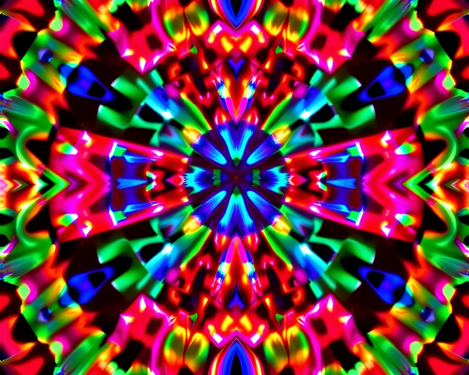Colorful neon kaleidoscope design with double reflection effect