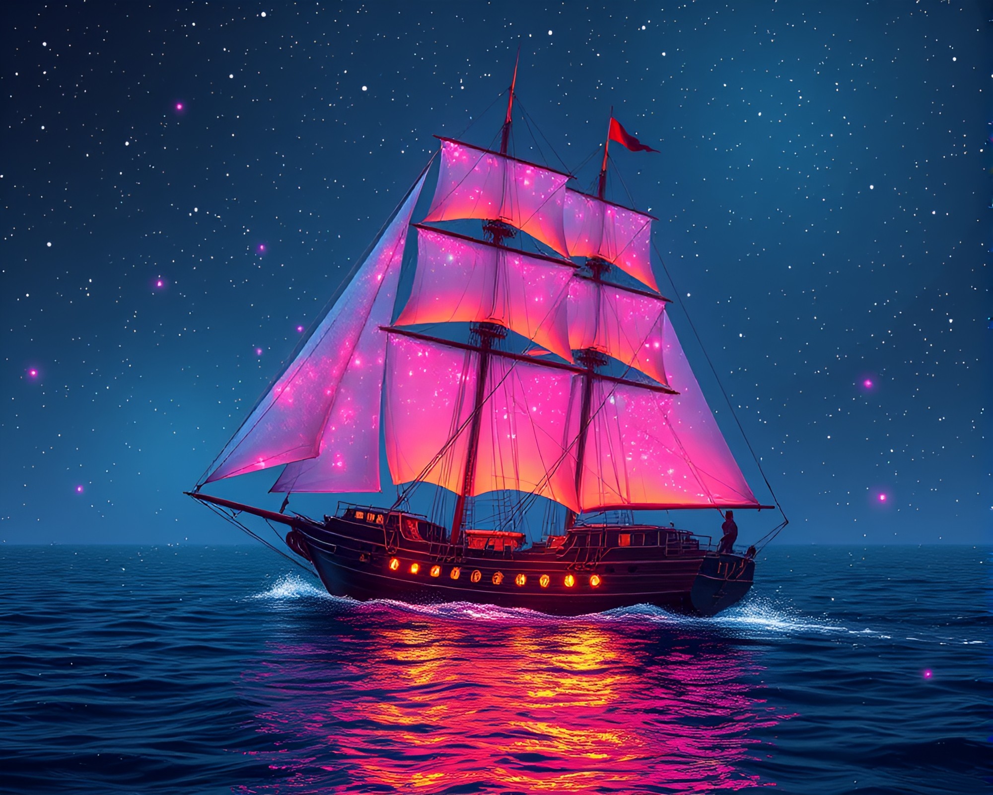 Synthwave Sailing Ship Hologram in Stardust Shimmer – free AI stock image