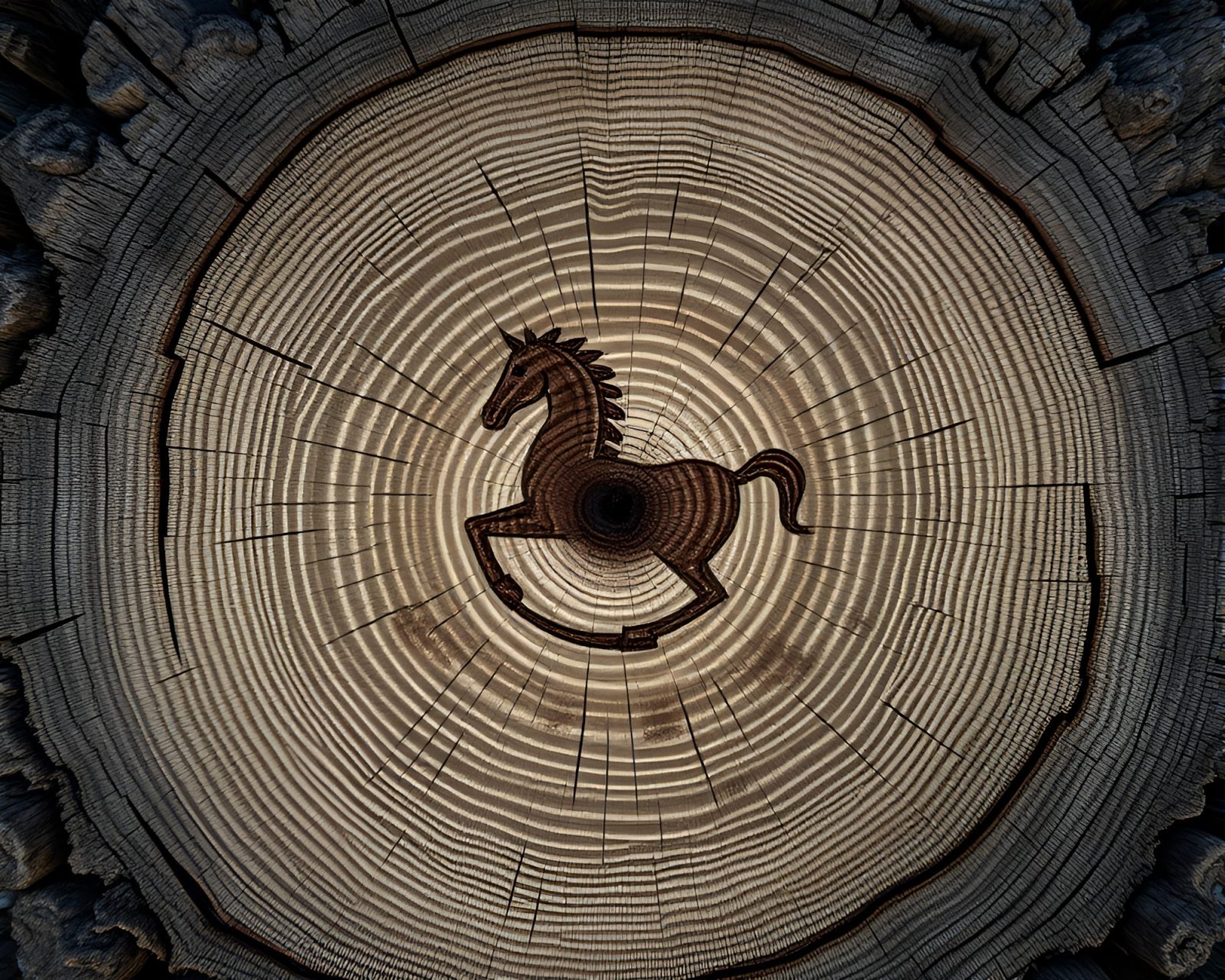 Necromantic light illuminates detailed wooden rocking horse in forest