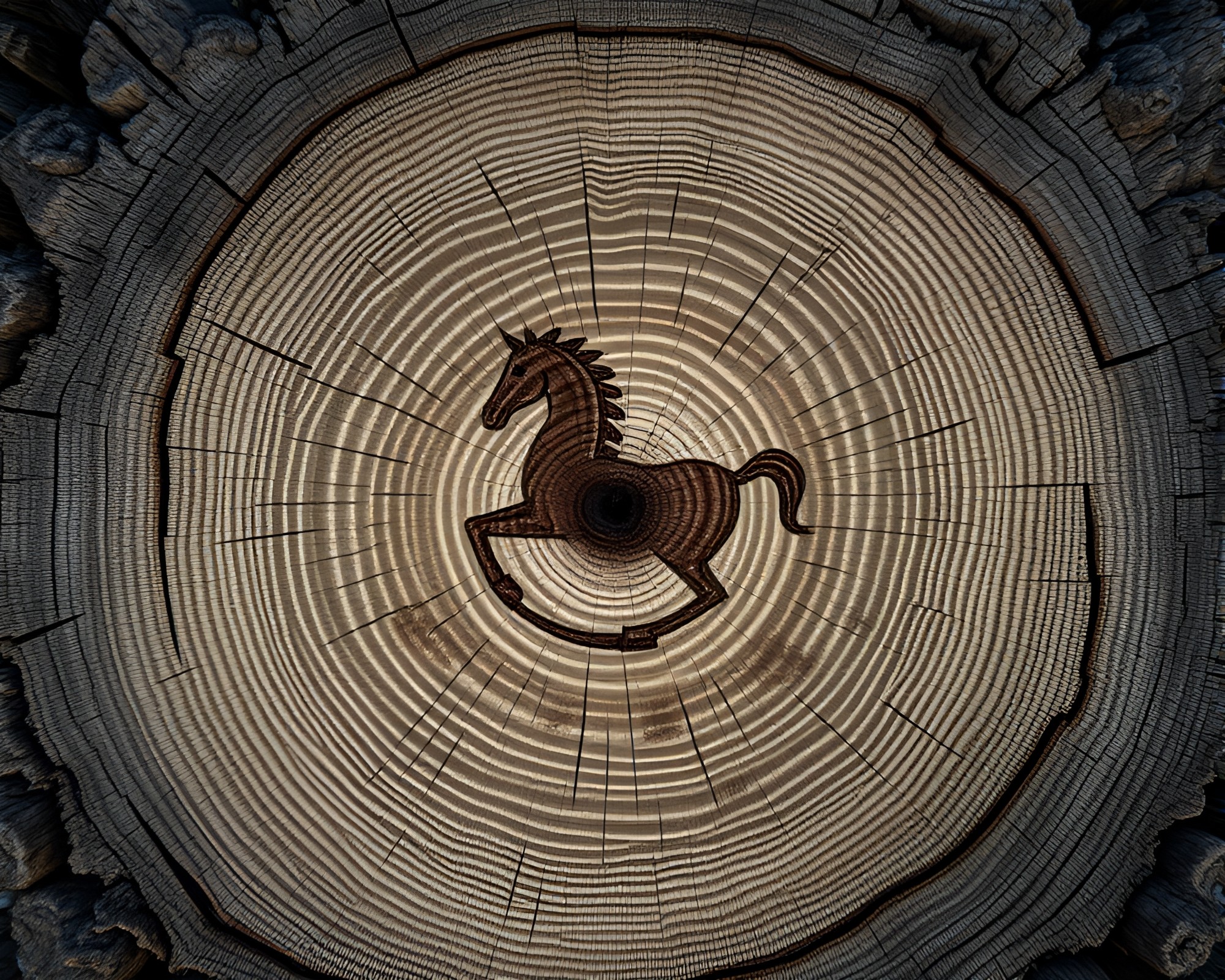 Eerie Rocking Horse Carved Into Tree Rings – free AI stock image