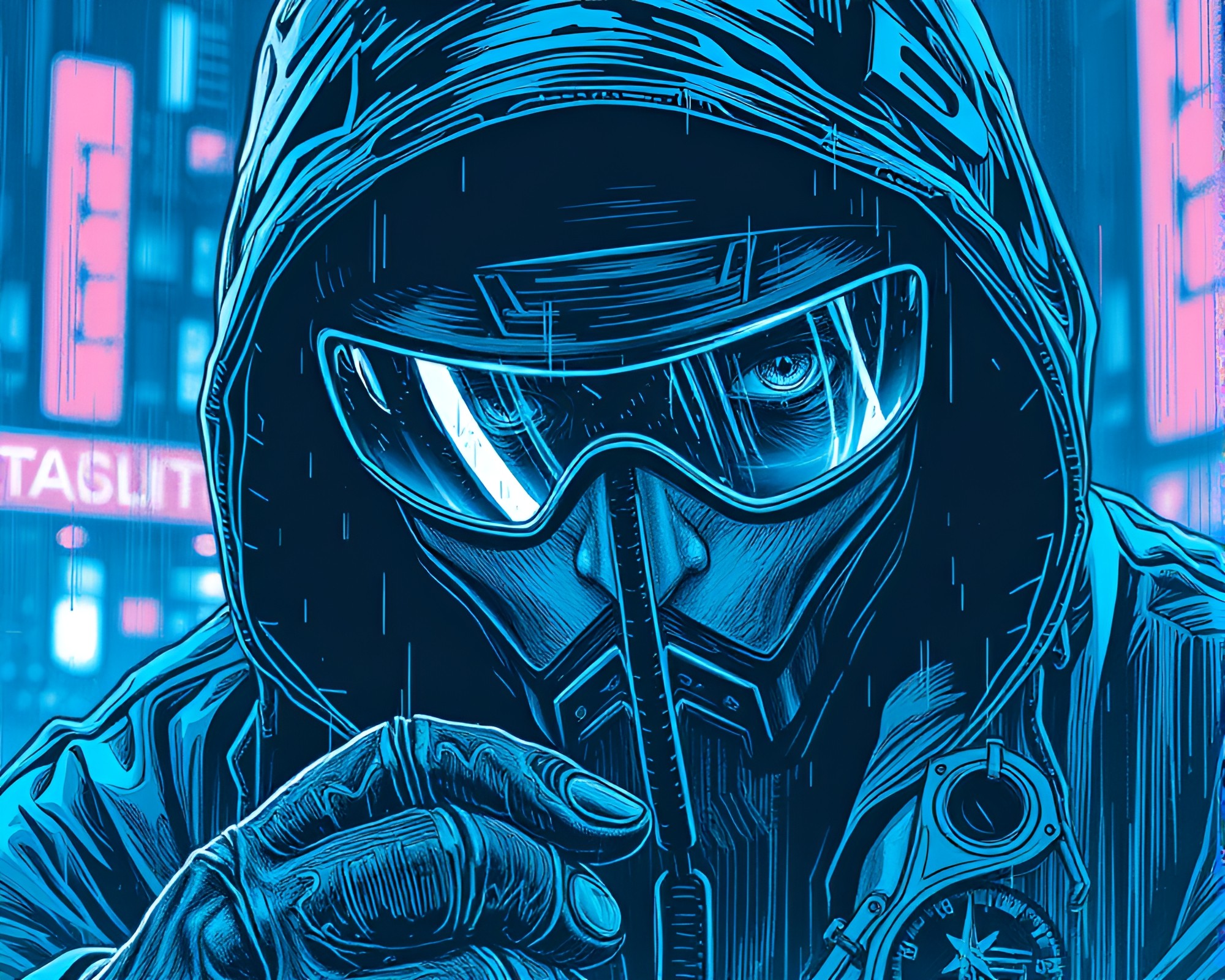Cyberpunk Vigilante in Ice-Blue Engraving – free AI stock image