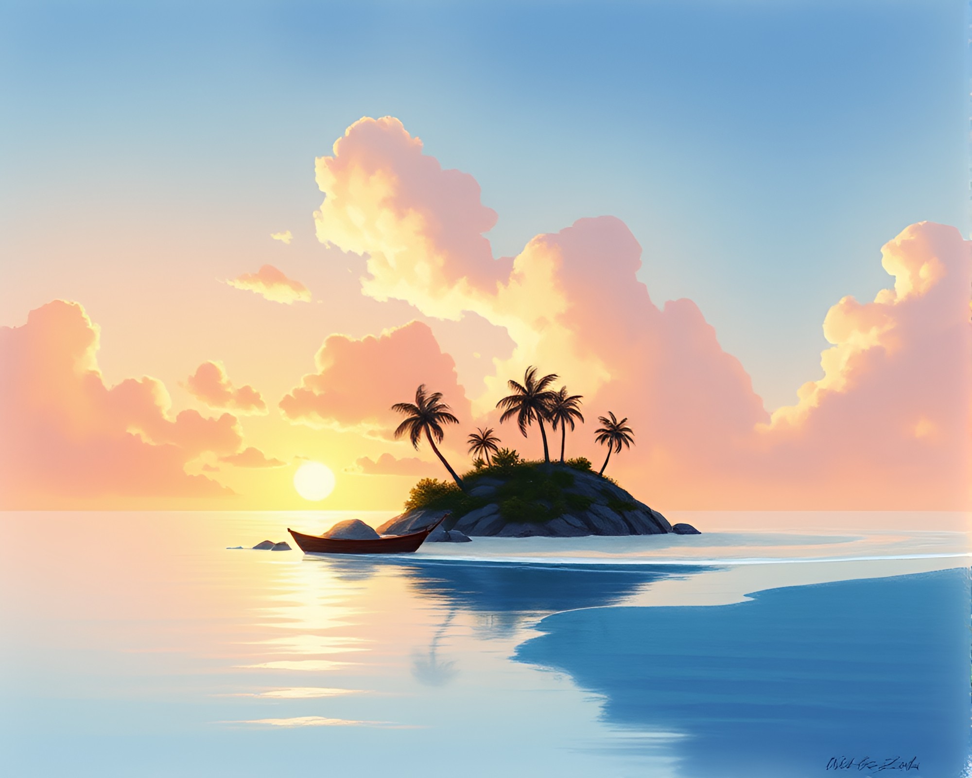 Serene Island Shadow Play in Pastel Drawing – free AI stock image