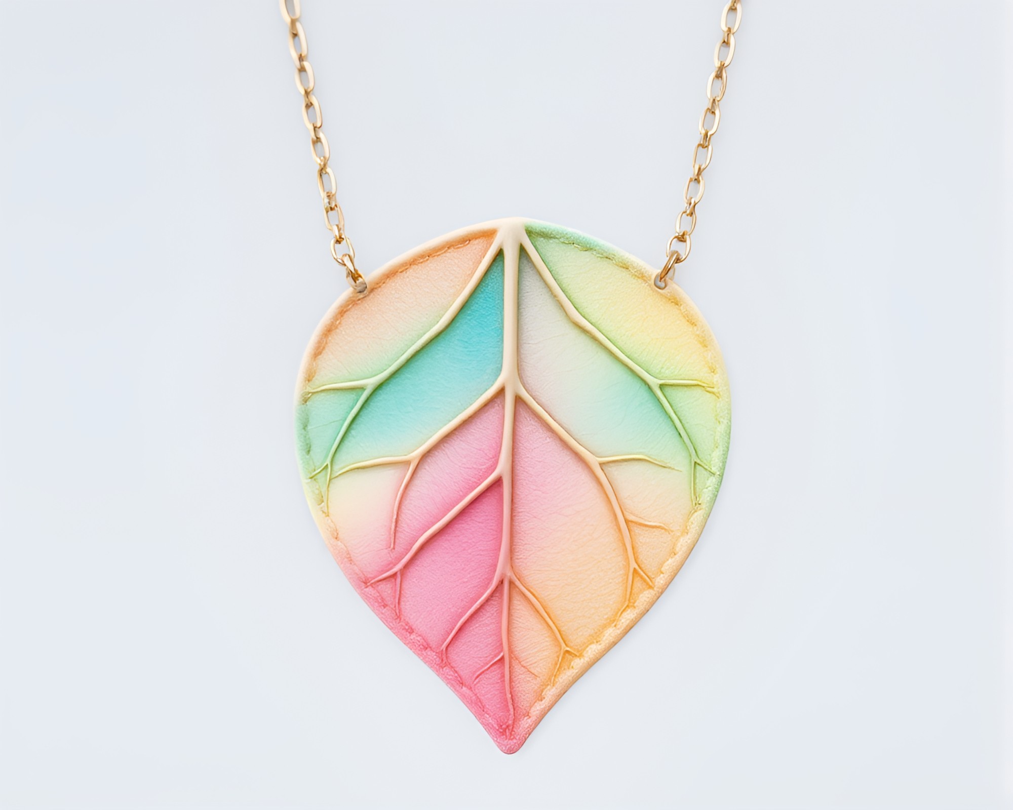 Pastel Leaf Vein Necklace in Egg Tempera Style – free AI stock image