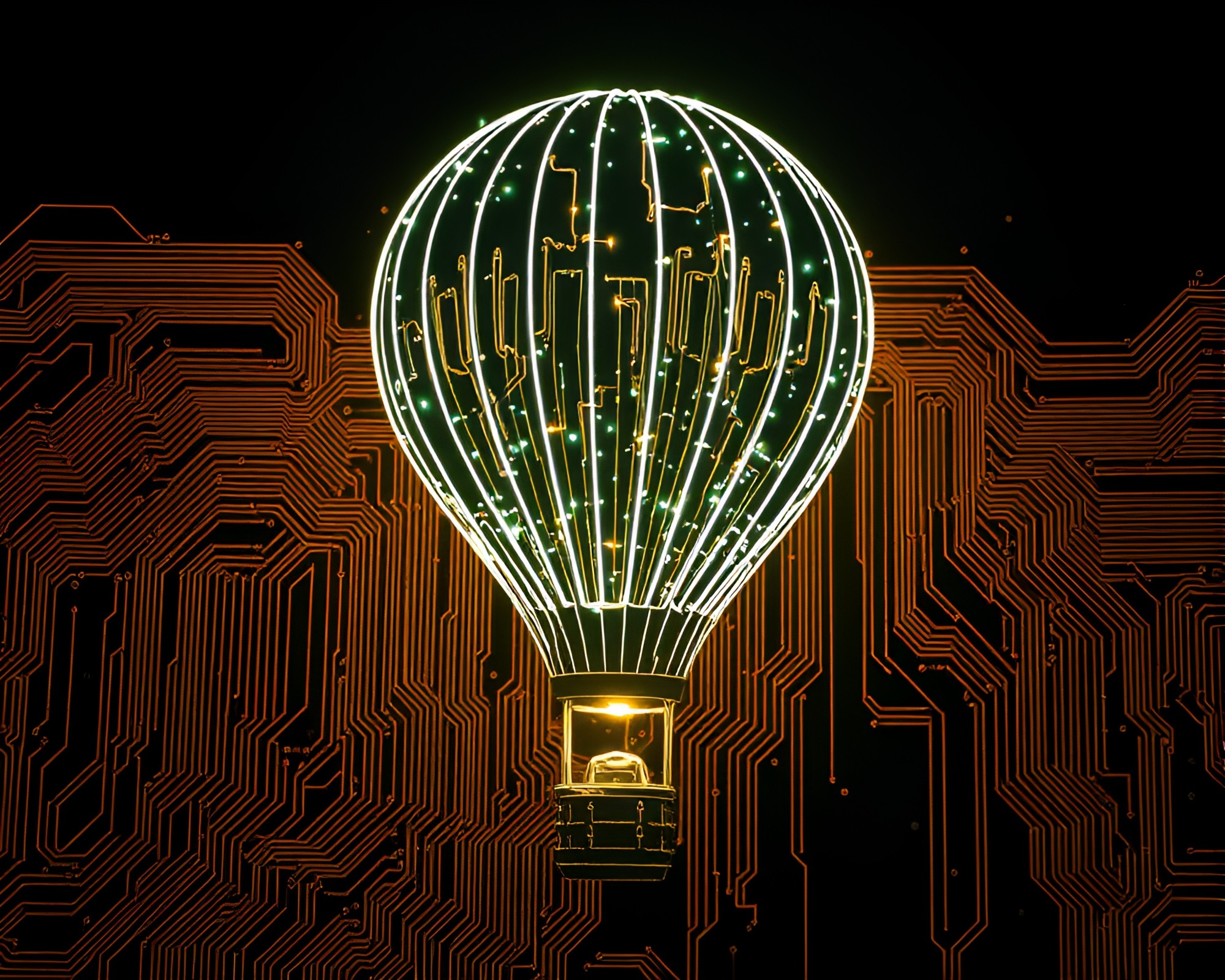 Futuristic Hot Air Balloon Circuit Art – free AI stock image