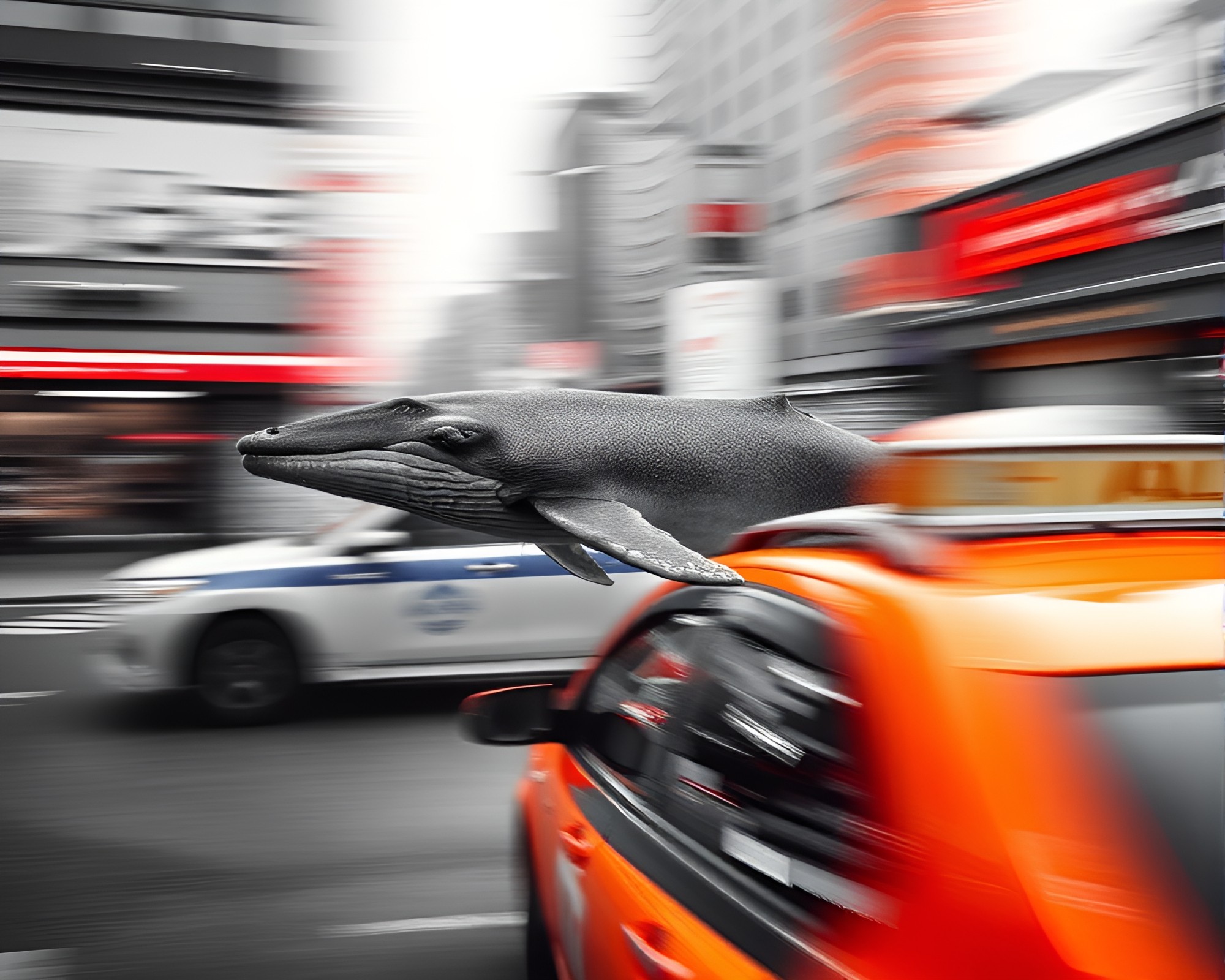 Whale swims alongside taxi in colorful cityscape – free AI stock image