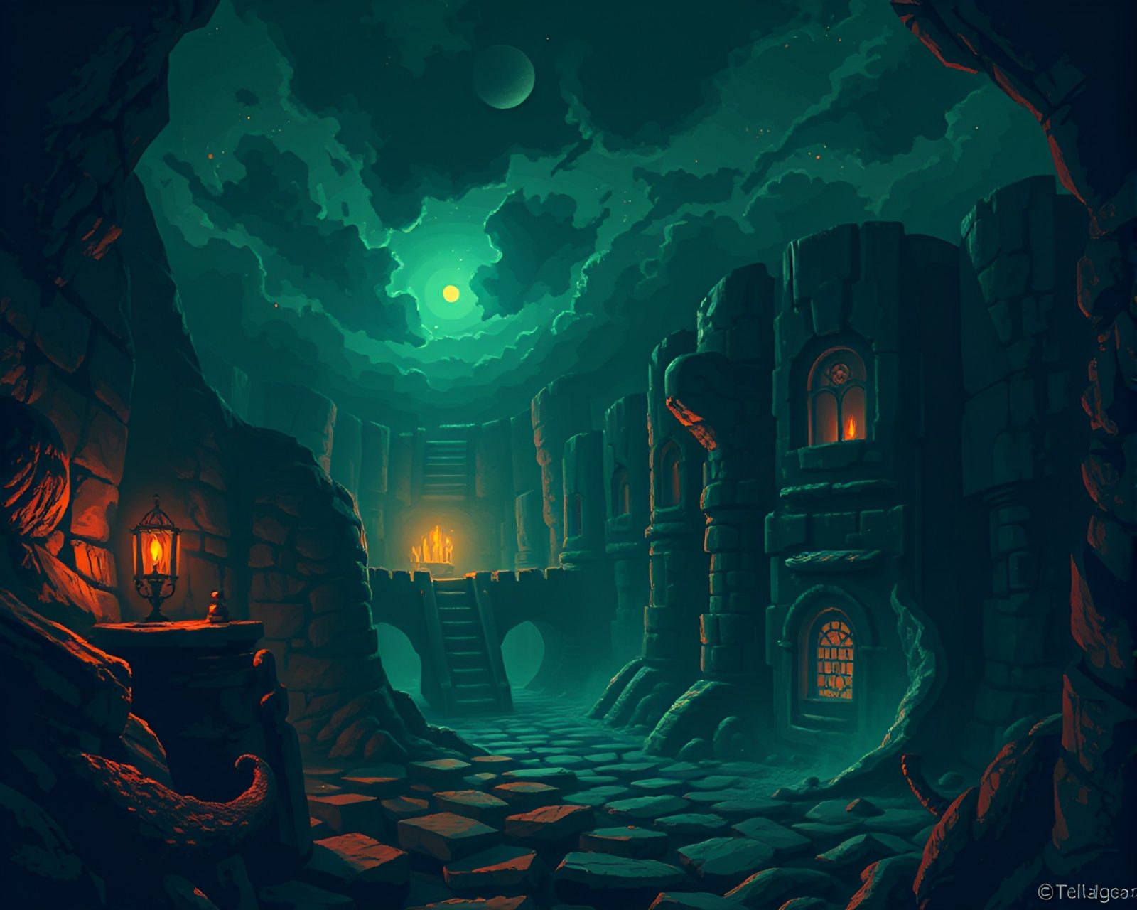 Dreamlike dungeon scene with pixelated divisionism art style