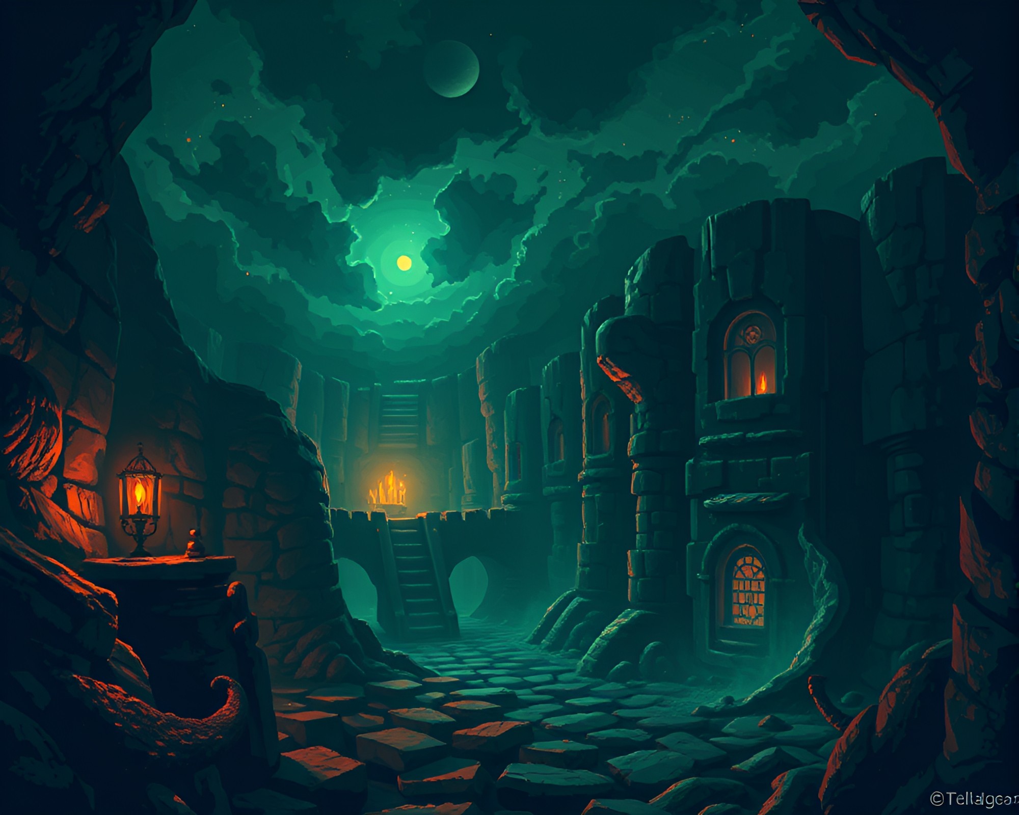 Surreal Dungeon Pixelation: Torchlit Dreamscape – free AI stock image
