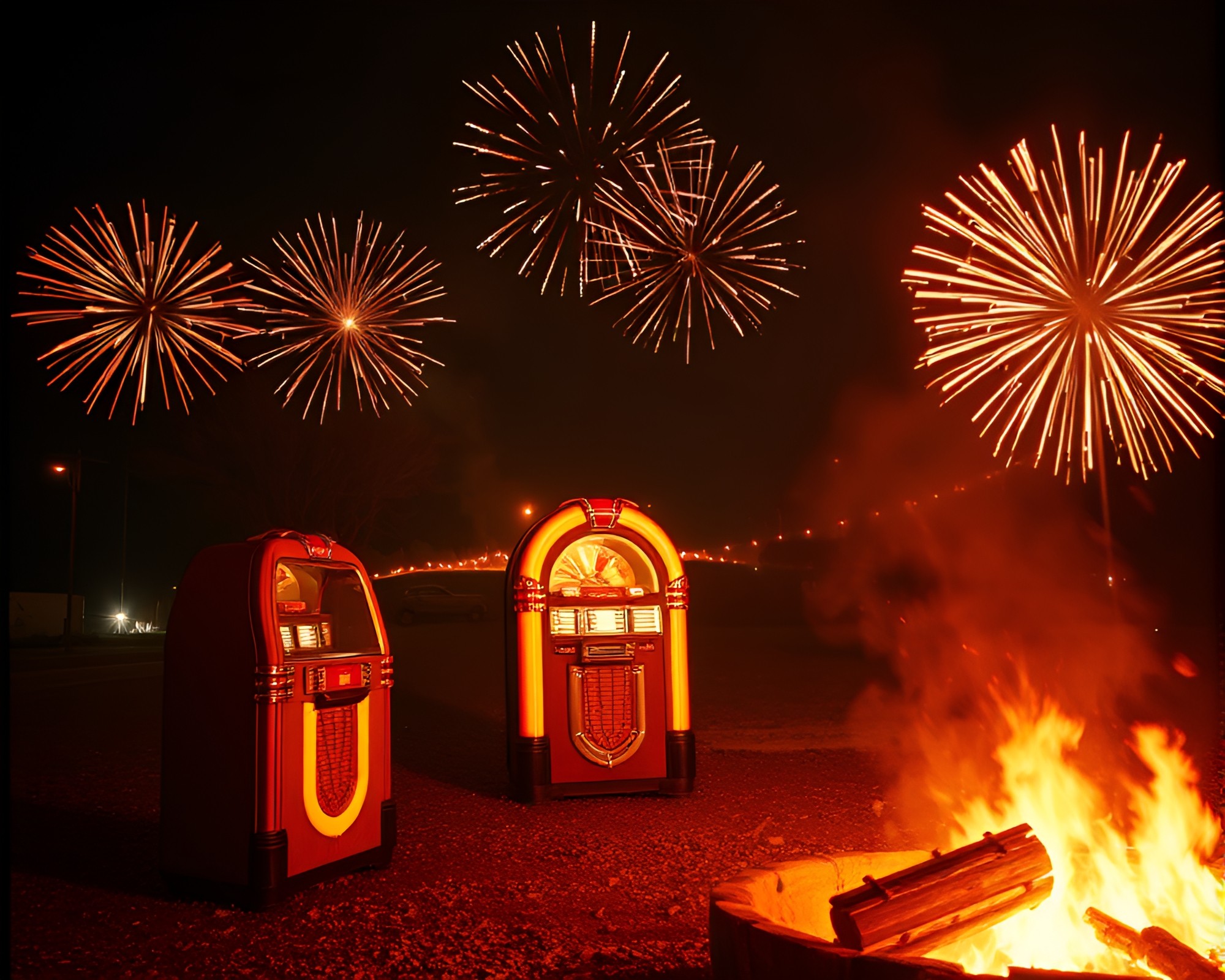 Retro Jukebox Fireworks Spectacle – free AI stock image