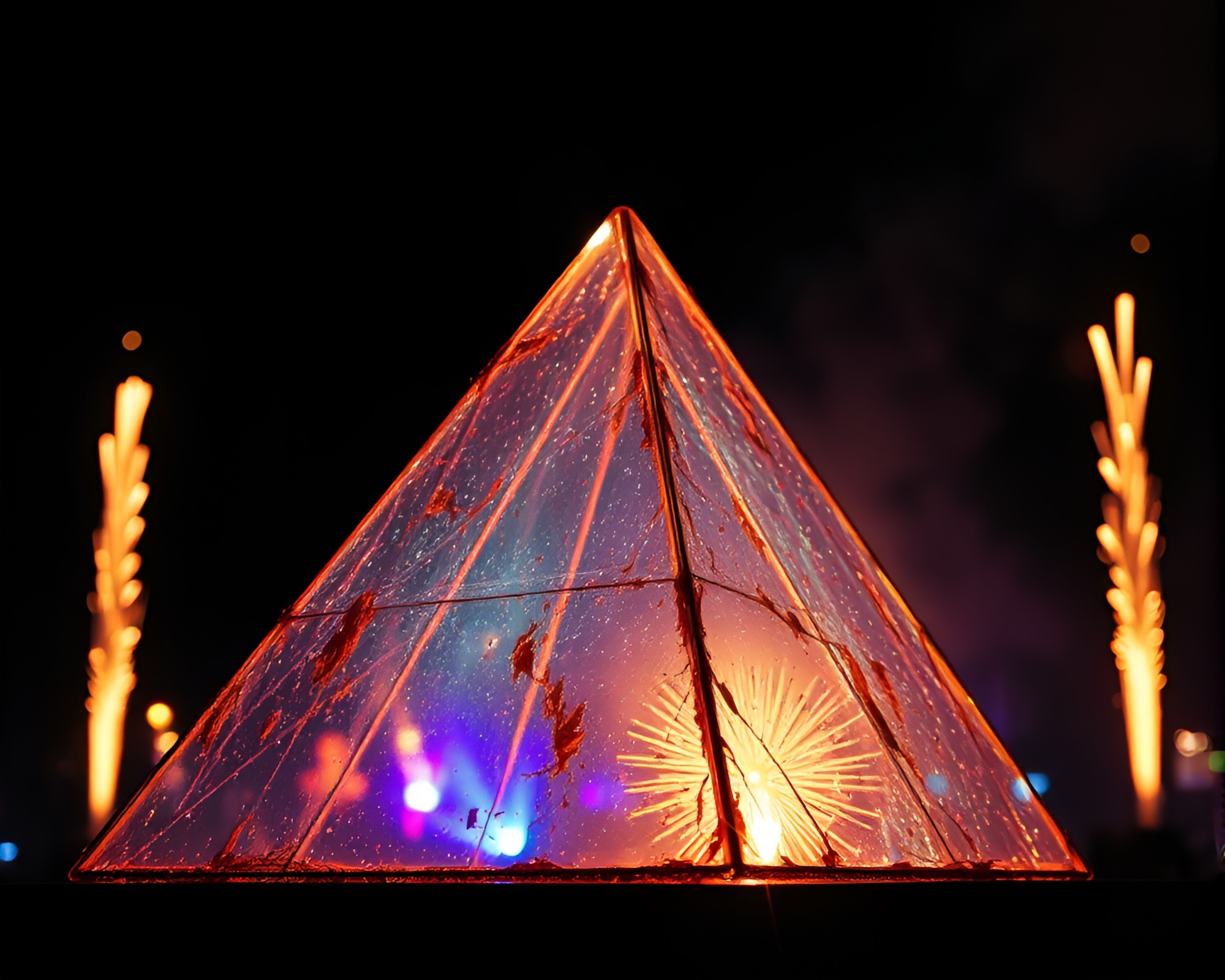 Vibrant Glass Pyramid Illuminated by Rust Stain Fireworks – free AI stock image
